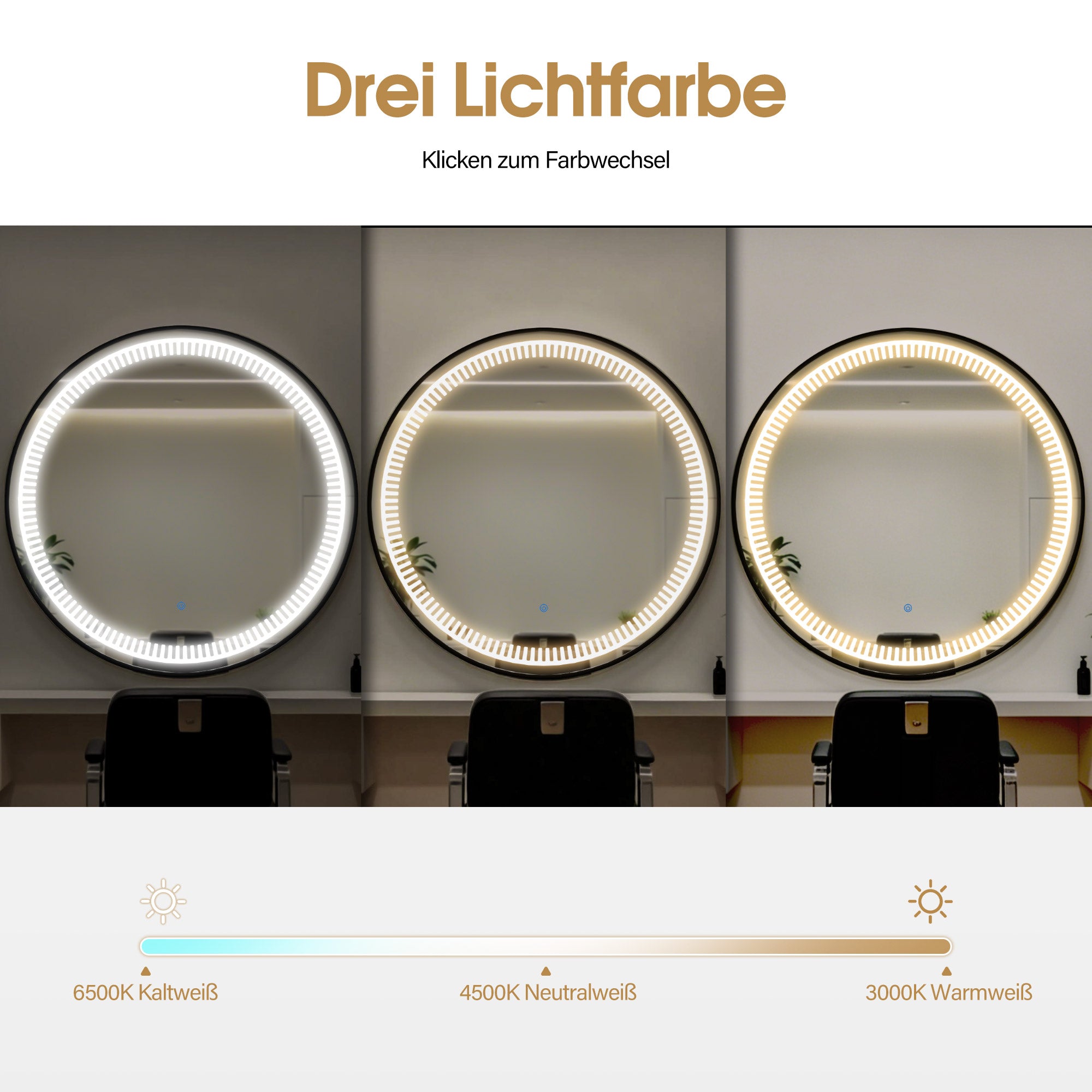 BarberPub Miroir Mural Lumineux, Miroir de Salle de Bain avec Cadre en Aluminium, Miroir Rond avec Interrupteur Tactile, 3 Couleurs d'Éclairage Dimmables, Miroir de Salle de Bain pour Salon de Coiffure, Spa, 83x83cm, J6236