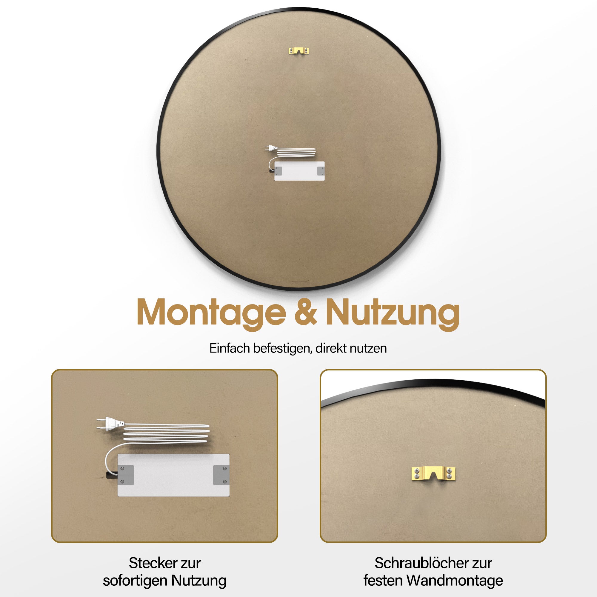 BarberPub Miroir Mural Lumineux, Miroir de Salle de Bain avec Cadre en Aluminium, Miroir Rond avec Interrupteur Tactile, 3 Couleurs d'Éclairage Dimmables, Miroir de Salle de Bain pour Salon de Coiffure, Spa, 83x83cm, J6236