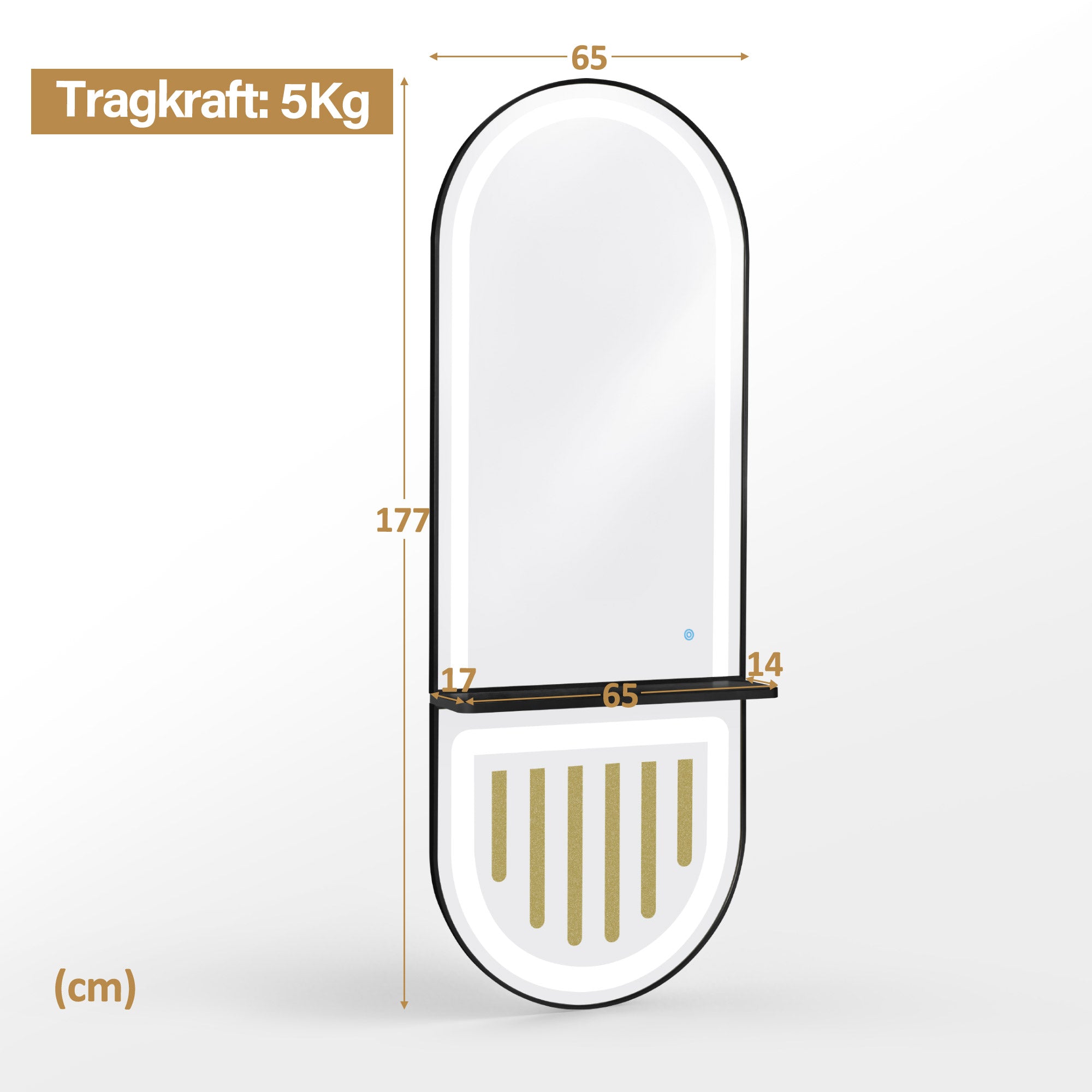 BarberPub Wandspiegel mit Beleuchtung, Ganzkörperspiegel mit Aluminiumrahmen, Spiegel Groß mit Ablage, Touch-Schalter, 3 Lichtfarben Dimmbar, Mondern für Friseursalon, 17x65x177 cm, J6257