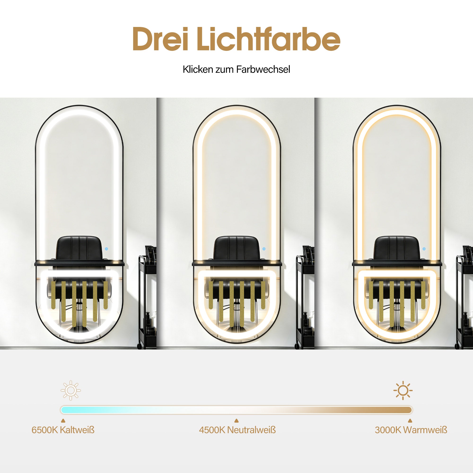 BarberPub Wandspiegel mit Beleuchtung, Ganzkörperspiegel mit Aluminiumrahmen, Spiegel Groß mit Ablage, Touch-Schalter, 3 Lichtfarben Dimmbar, Mondern für Friseursalon, 17x65x177 cm, J6257