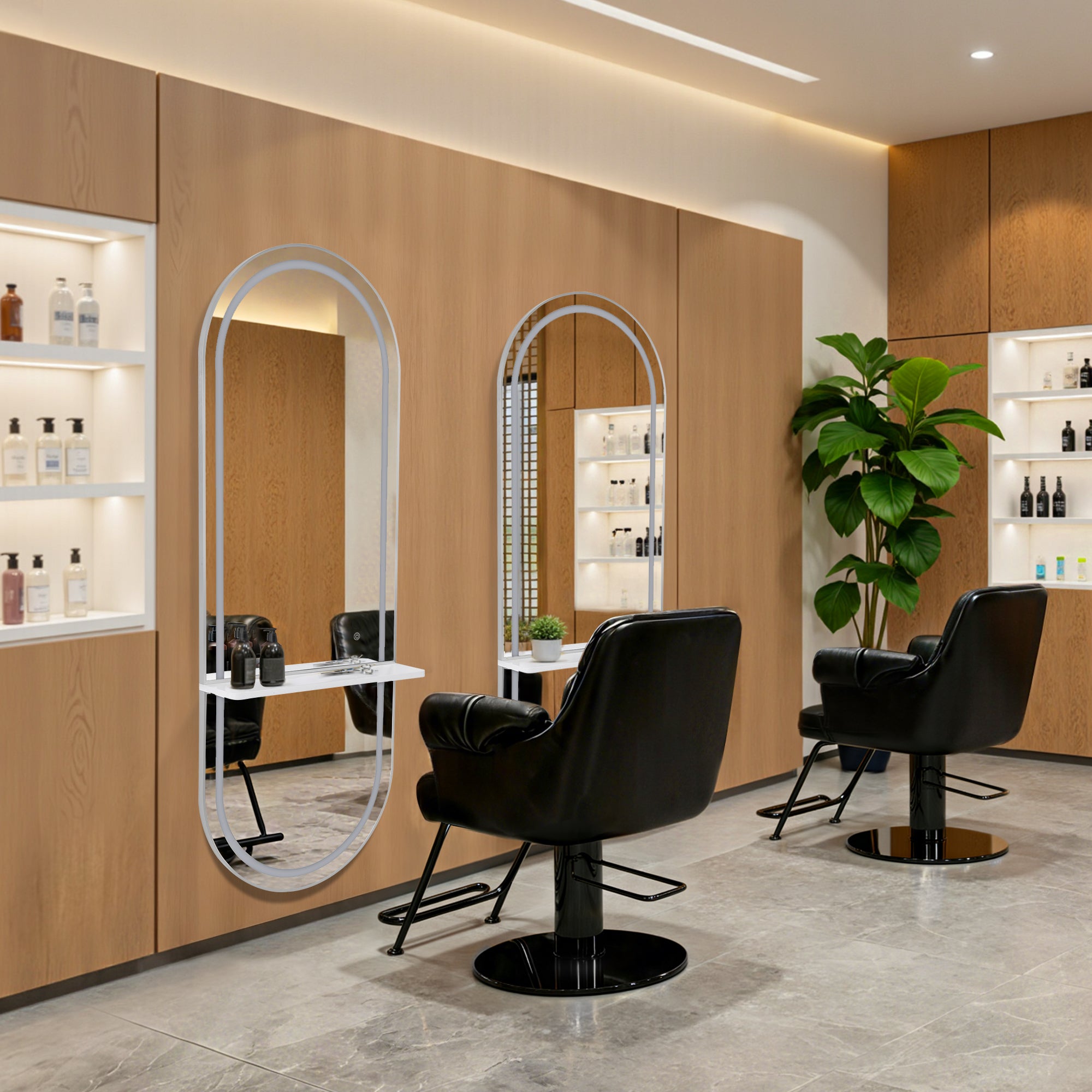 BarberPub Wall Mirror with Lighting, Full-Length Mirror with Aluminum Frame, Large Mirror with Shelf, Touch Switch, 3 Light Colors Dimmable, for Hair Salon, 17x65x177 cm, J6270