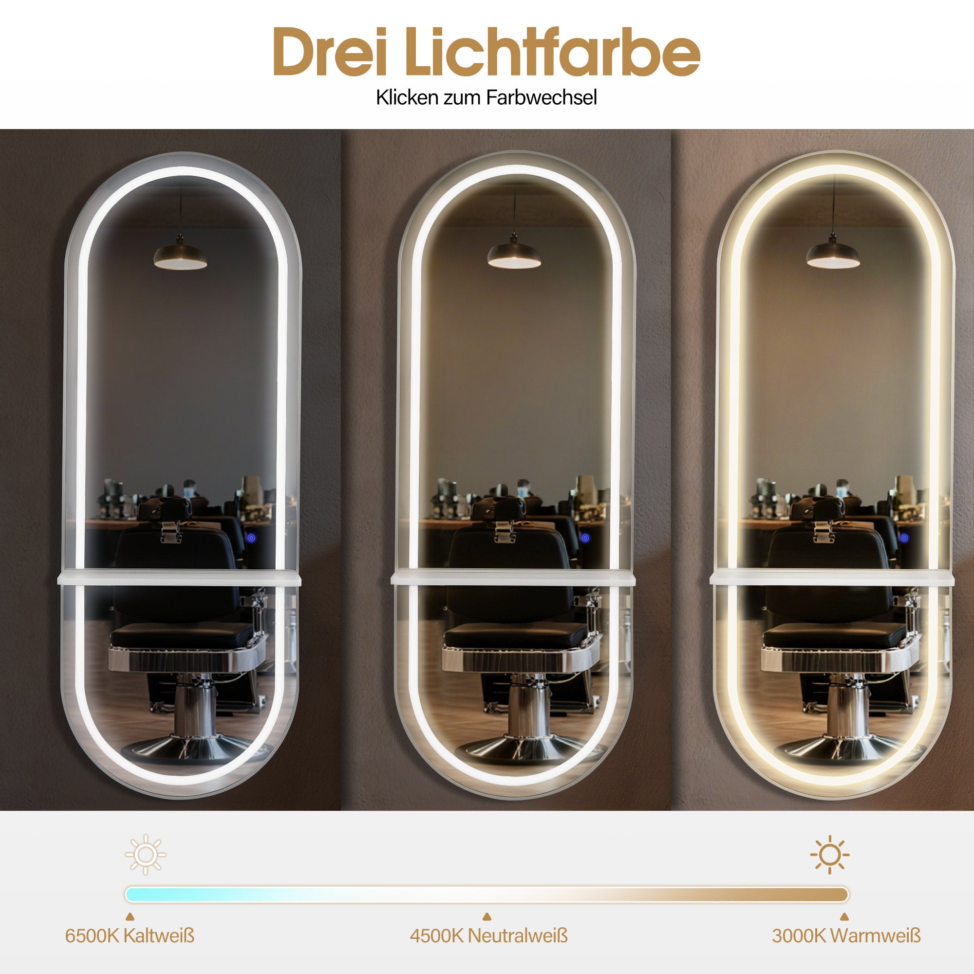 BarberPub Wall Mirror with Lighting, Full-Length Mirror with Aluminum Frame, Large Mirror with Shelf, Touch Switch, 3 Light Colors Dimmable, for Hair Salon, 17x65x177 cm, J6270