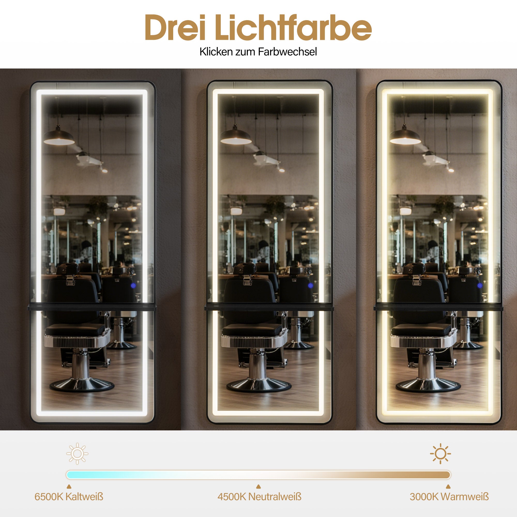 BarberPub Wall Mirror with Lighting, Full-Length Mirror with Aluminum Frame, Large Mirror with Shelf, Touch Switch, 3 Light Colors Dimmable, for Hair Salon, 17x65x177 cm, J6271