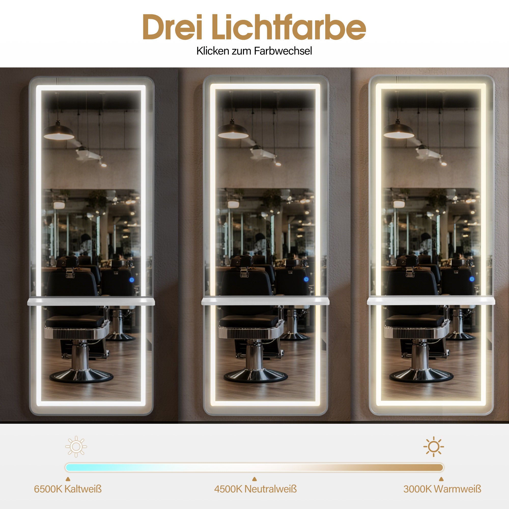 BarberPub Wall Mirror with Lighting, Full-Length Mirror with Aluminum Frame, Large Mirror with Shelf, Touch Switch, 3 Light Colors Dimmable, for Hair Salon, 17x65x177 cm, J6271