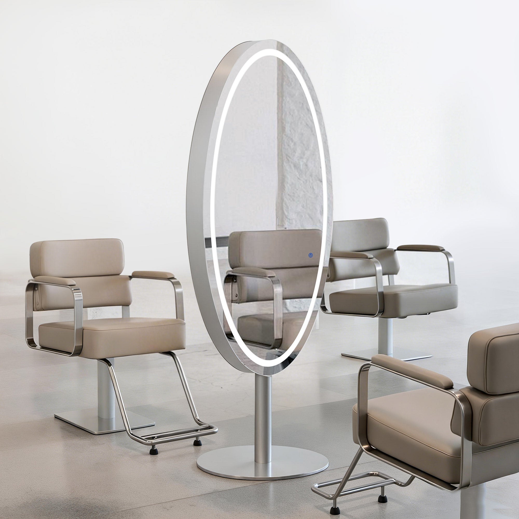 BarberPub Miroir de Sol Éclairé, Miroir Pleine Longueur en Acier Inoxydable, Grand Double Miroir sur Socle, Interrupteur Tactile, 3 Couleurs de Lumière Dimmables, pour Salon de Coiffure, 60x60x192 cm, J8363 (Argent)
