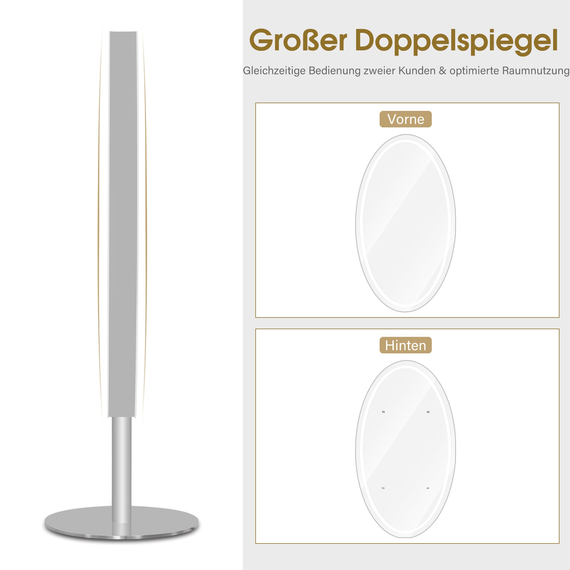 BarberPub Miroir de Sol Éclairé, Miroir Pleine Longueur en Acier Inoxydable, Grand Double Miroir sur Socle, Interrupteur Tactile, 3 Couleurs de Lumière Dimmables, pour Salon de Coiffure, 60x60x192 cm, J8363 (Argent)