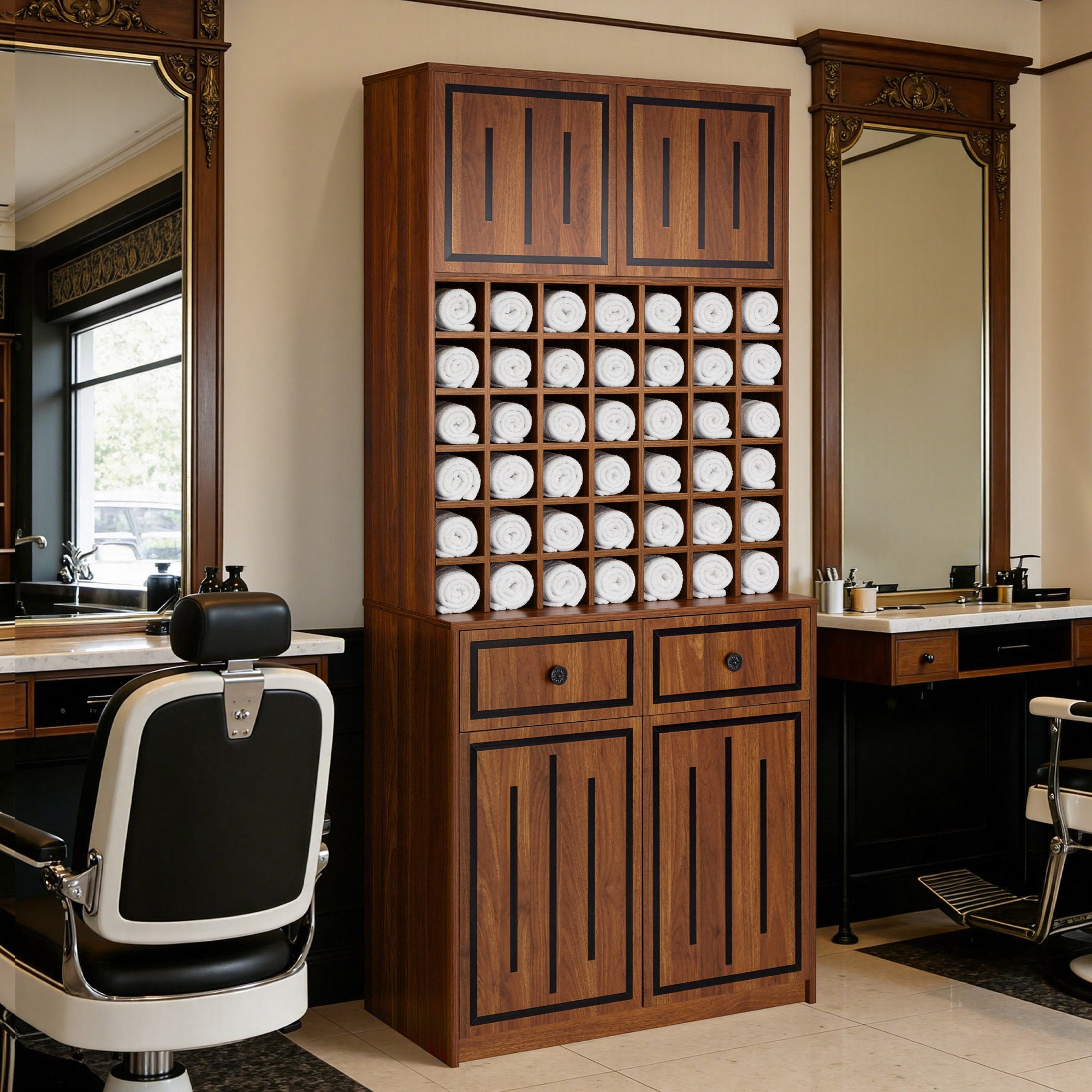 BarberPub Towel Cabinet with 2 Drawers, 42 Open Compartments & 4 Cabinets, Bathroom Cabinet Black, Tall Storage Cabinet Wood for Barbershop, Beauty Salon R6194/R6179