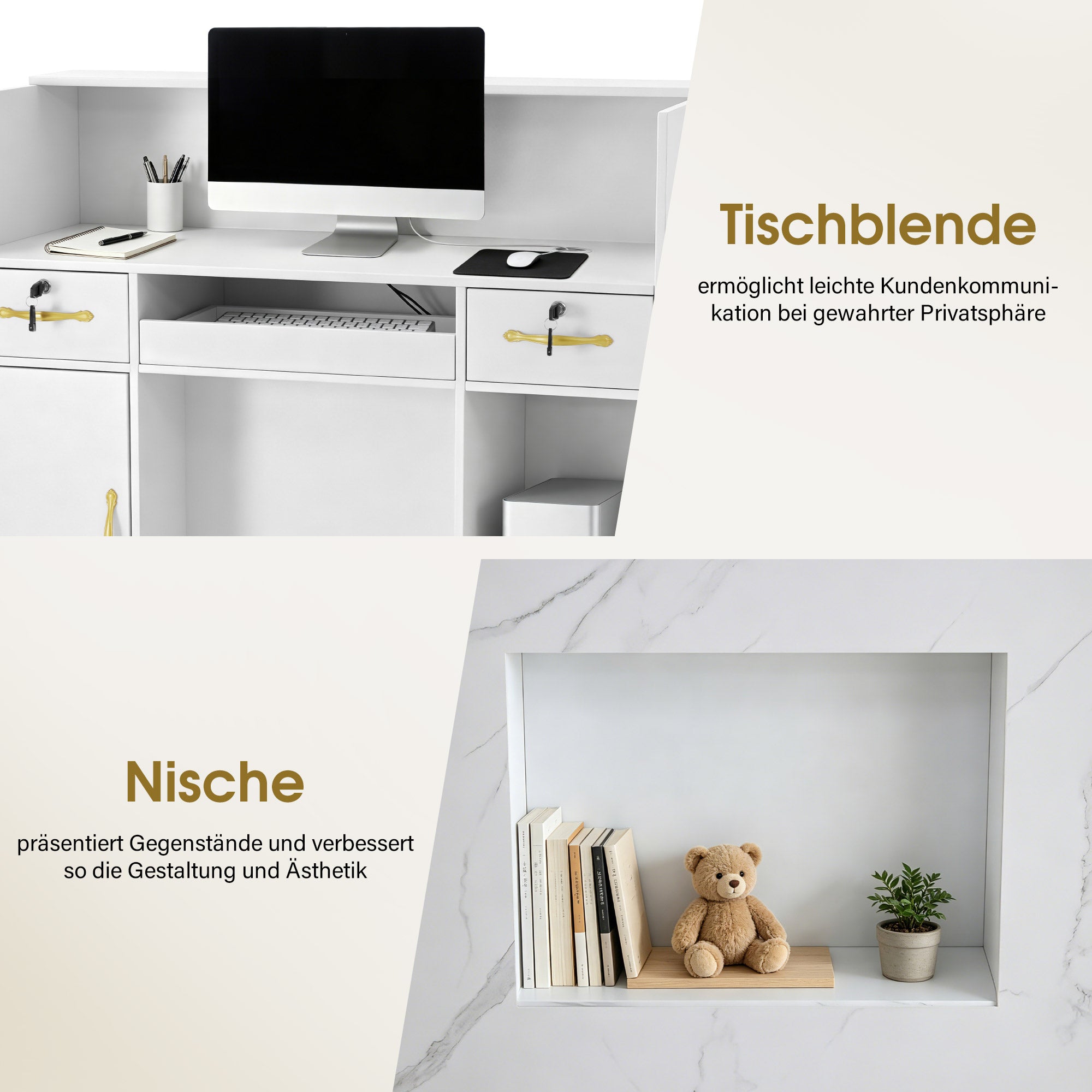 BarberPub Empfangstheke mit 3 Schubladen & 2 Schränken, Empfangstisch mit Beleuchtung, Empfangstresen Abschließbar, Rezeptionstheke Kassentheke für Friseursalon, 53x120x110,5 cm, R9750 (Weiß)