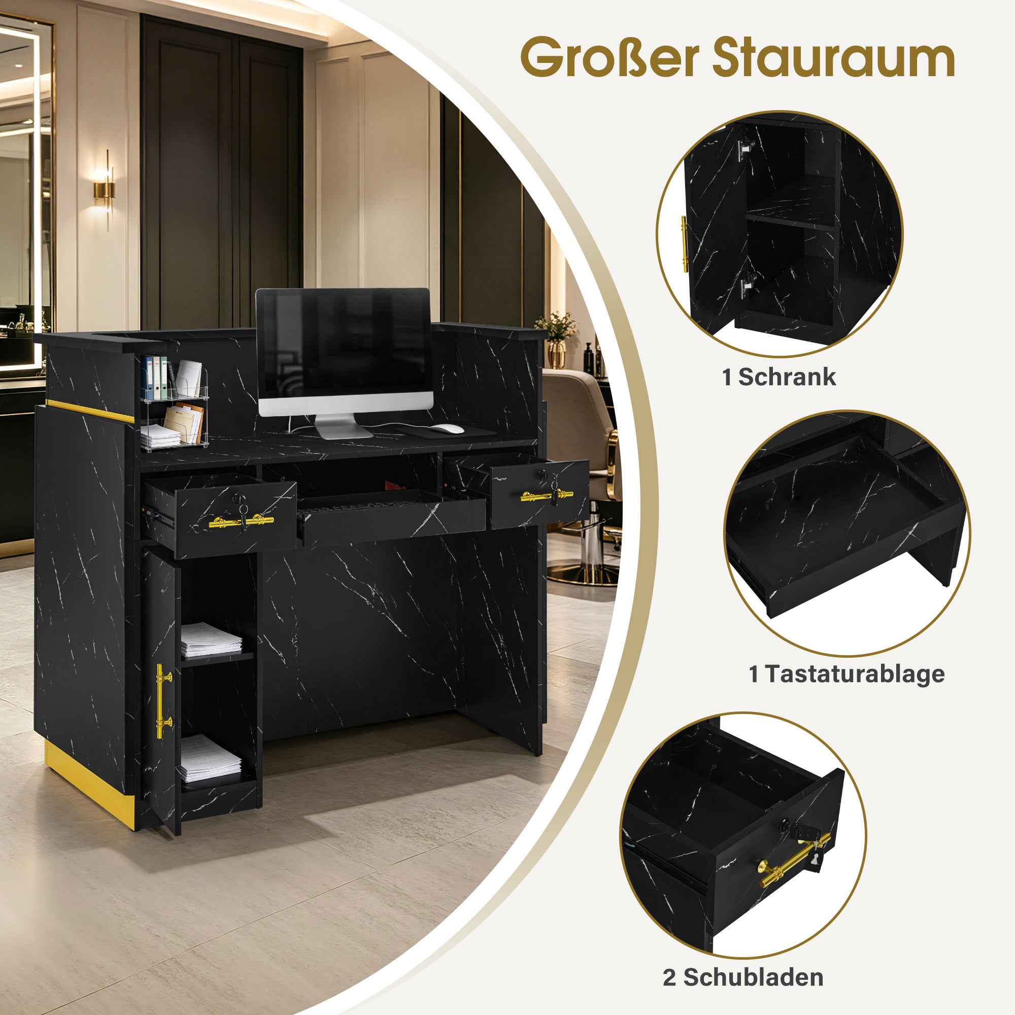 BarberPub Empfangstheke mit 3 Schubladen & 1 Schrank, Empfangstisch mit Beleuchtung, Empfangstresen Abschließbar, Rezeptionstheke Kassentheke für Friseursalon, 55x120x107 cm, R9759