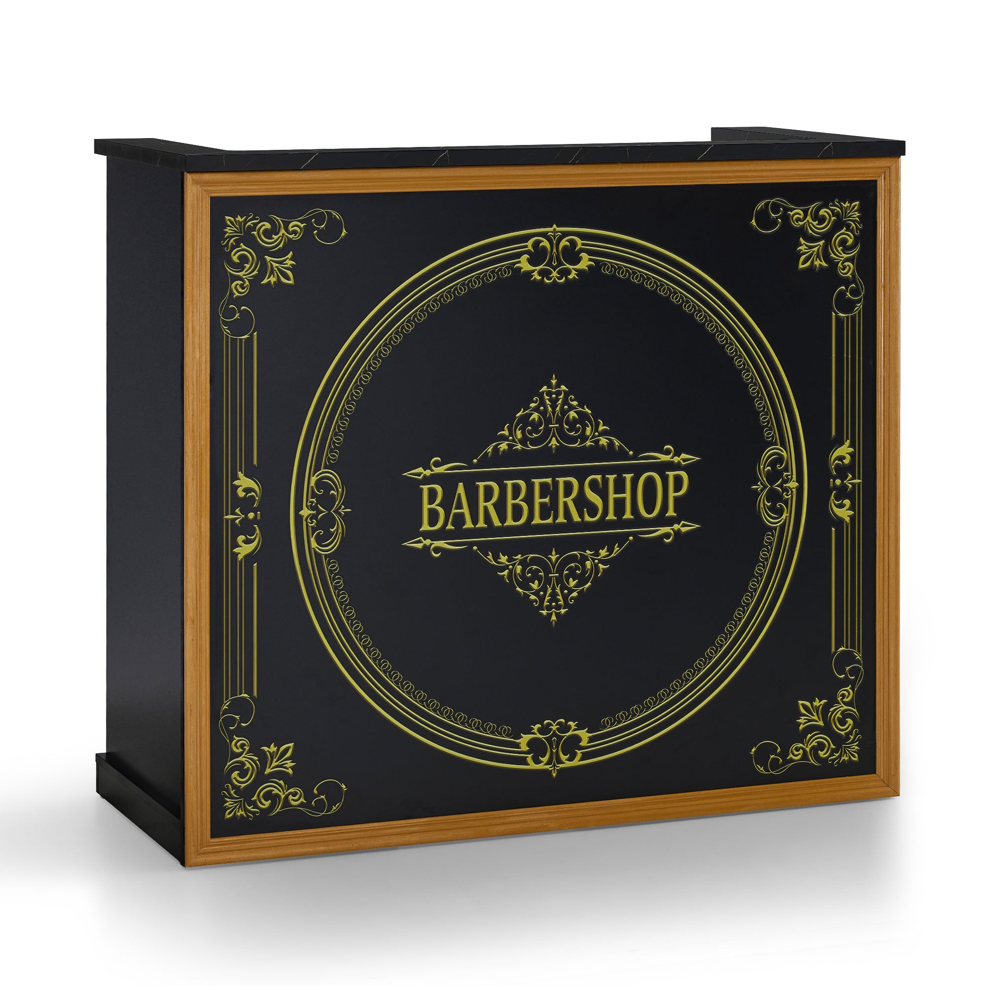 Comptoir de Réception BarberPub avec 2 Tiroirs et 3 Armoires, Bureau de Réception Verrouillable, Comptoir d'Accueil en Bois, Table de Réception Caisse pour Salon de Coiffure, 53x120x110cm, R9773 (Noir-Or)