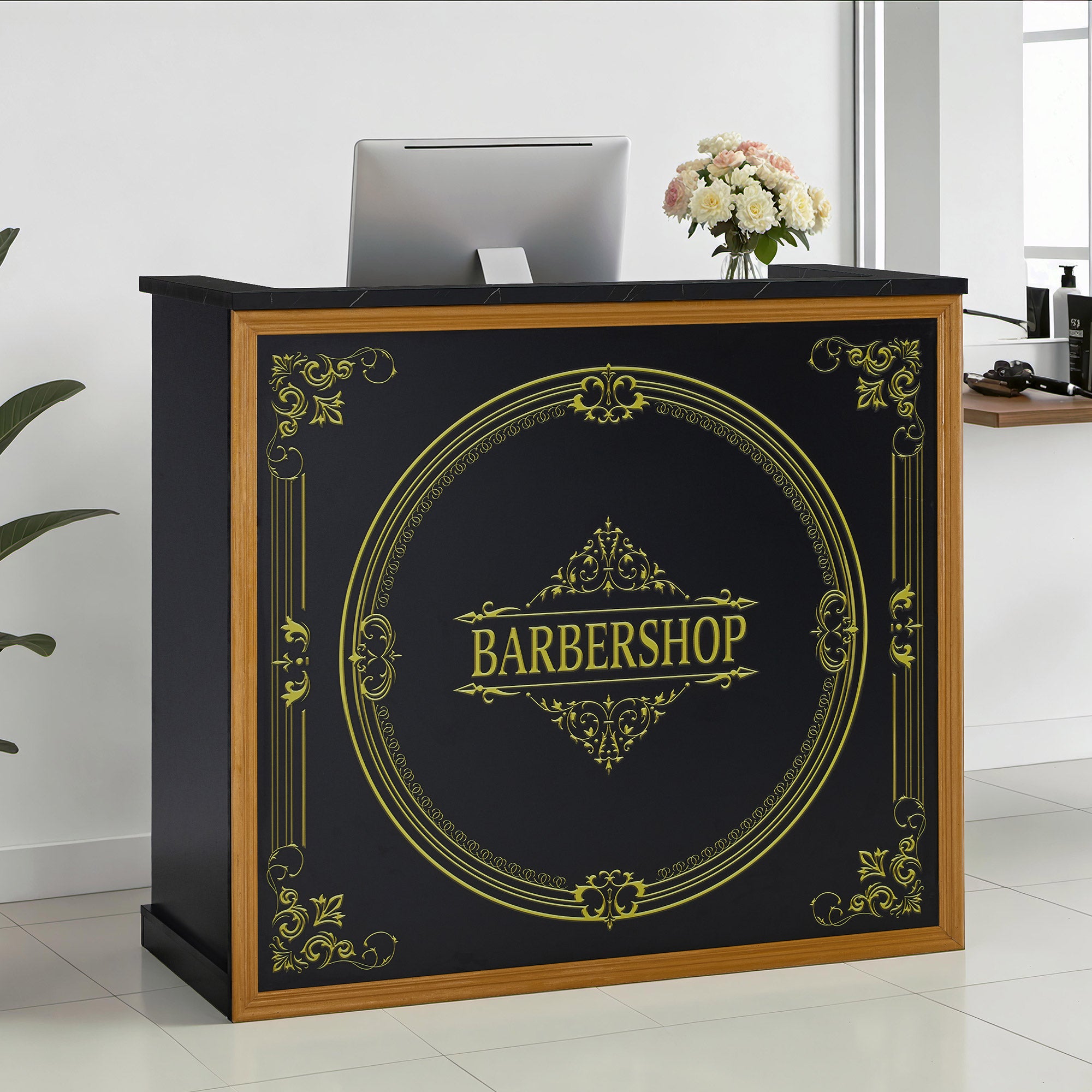 Comptoir de Réception BarberPub avec 2 Tiroirs et 3 Armoires, Bureau de Réception Verrouillable, Comptoir d'Accueil en Bois, Table de Réception Caisse pour Salon de Coiffure, 53x120x110cm, R9773 (Noir-Or)