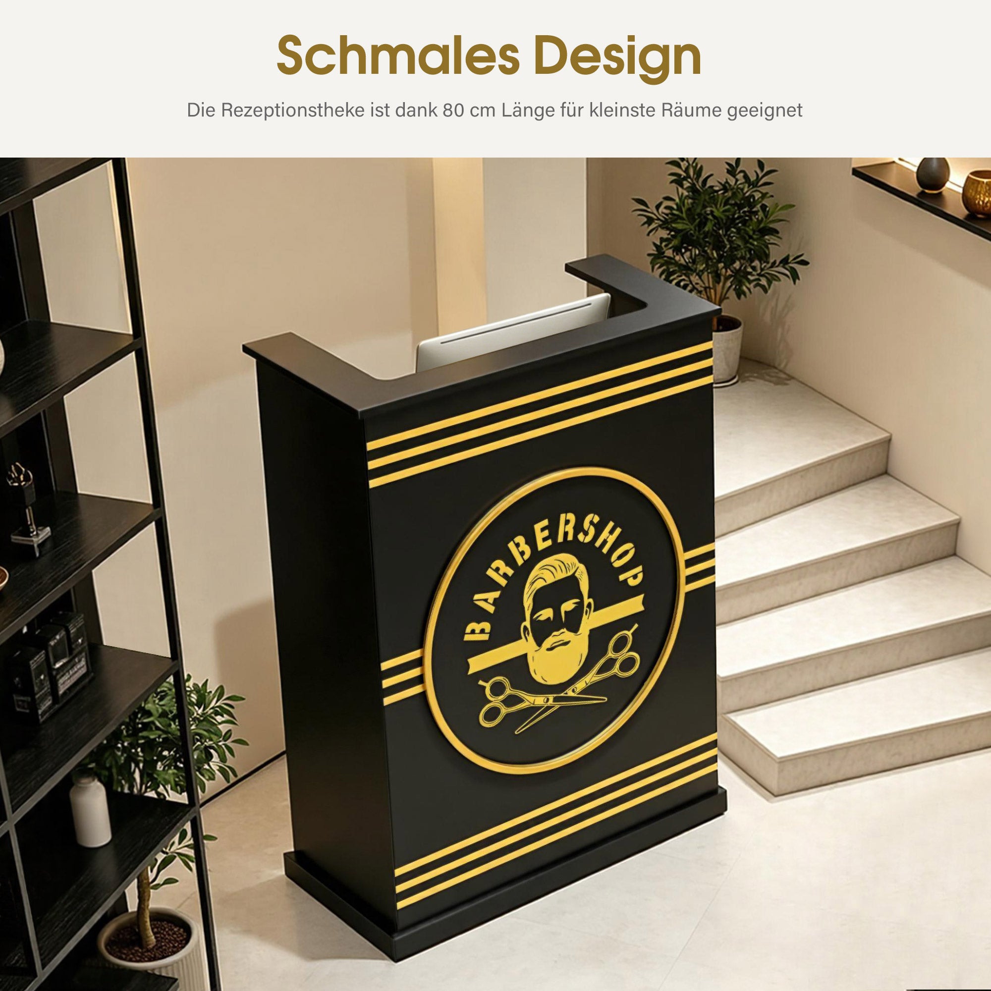 BarberPub Empfangstheke mit 1 Schublade & 1 Schrank, Empfangstisch Abschließbar, Empfangstresen Holz, Rezeptionstisch Rezeptionstheke Schmal, Kassentheke für Friseursalon, 45x80x110 cm, R9788(Schwarz)