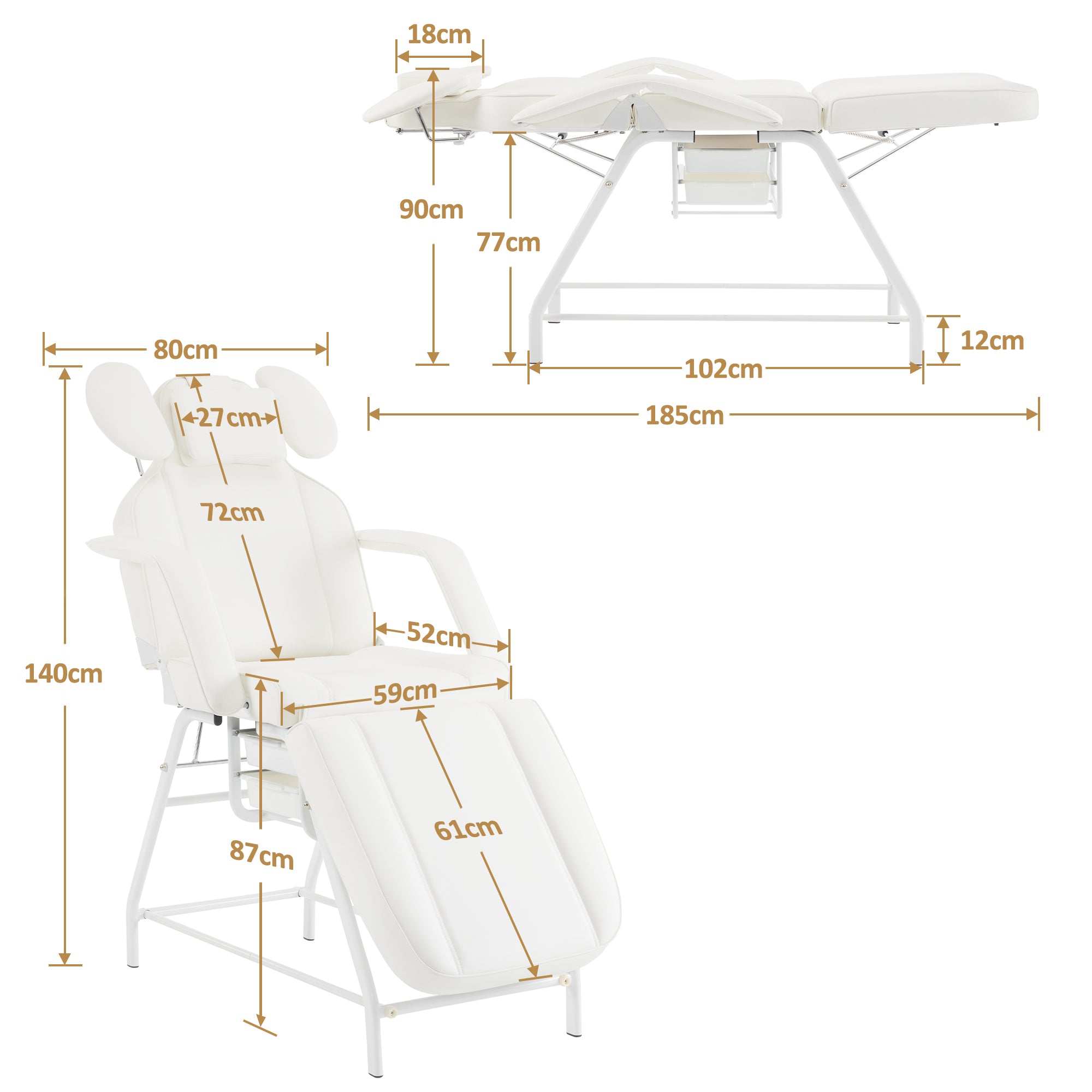 Table de soins esthétiques pliable Barberpub, table de massage 80 cm de large, table de soins des cils, table de tatouage pour salon de spa, repose-mains réglable pour esthéticiennes 185 x 80 x 90 cm 0726 (Blanc/PU)
