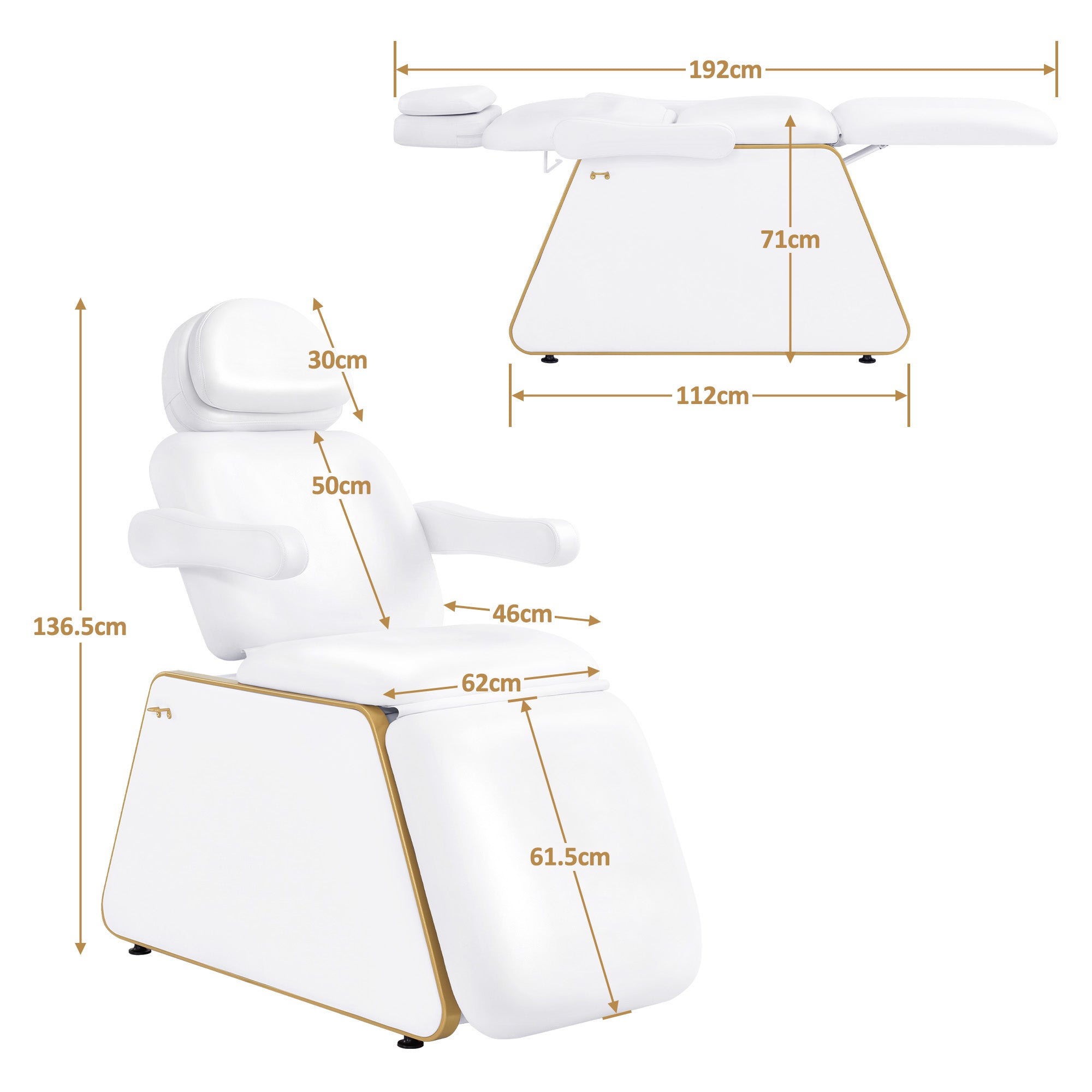 BarberPub Kosmetikliege Elektrisch mit 2 Motoren, Kopfstütze 16 cm ausziehbar, 180° Drehbare Armlehnen, Massageliege 80cm breit, Tattoo Liege für SPA Salon 0739 (Weiß/Kunstleder)