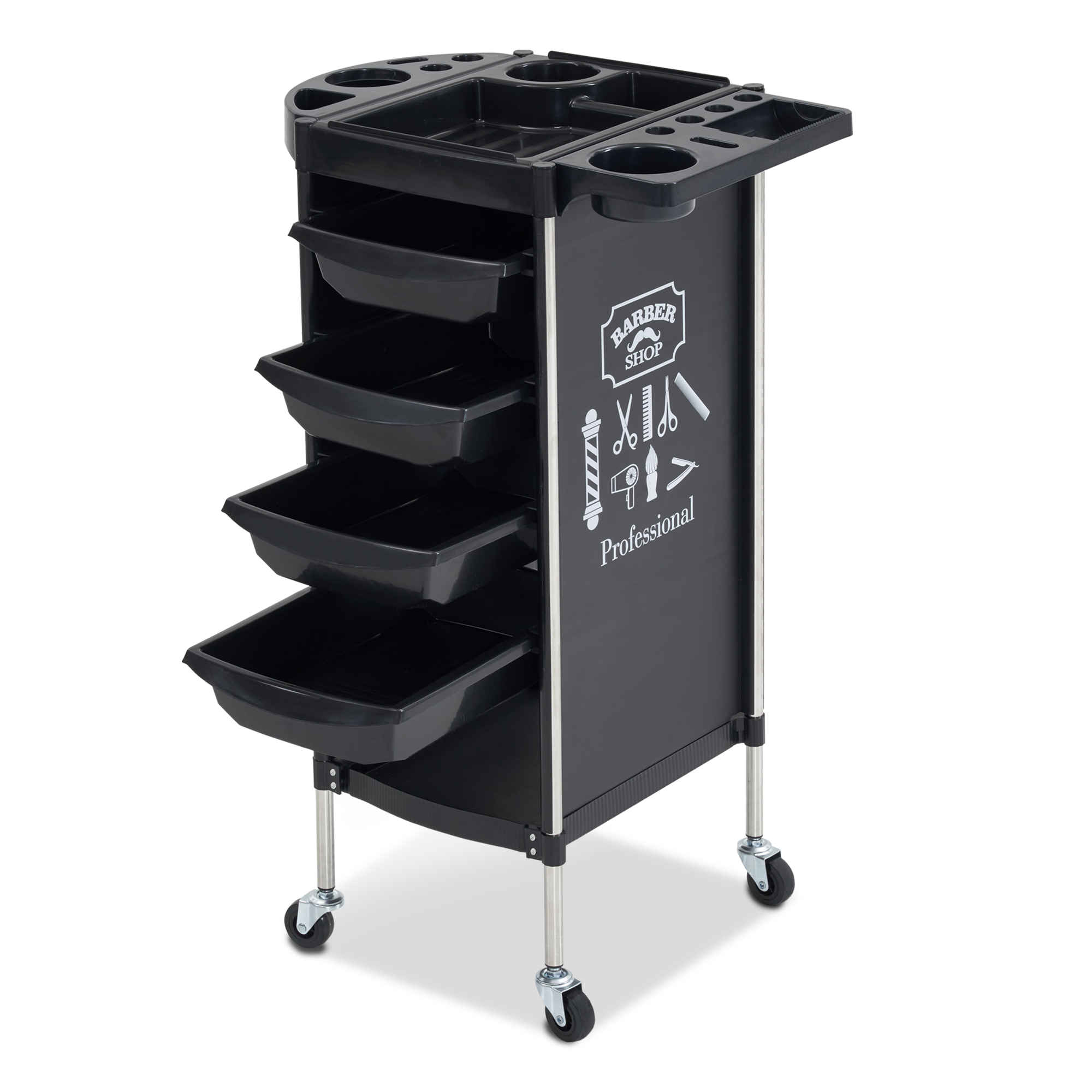 Barberpub Hairdressing Trolley with 4 Drawers and Wheels, Service Cart, Rotating Hairdresser Work Cart, Beauty Salon Trolley, Stacking Trolley, Hairdresser Accessories, 36 x 52.5 x 84.5 cm, 2023BK-N (Black)