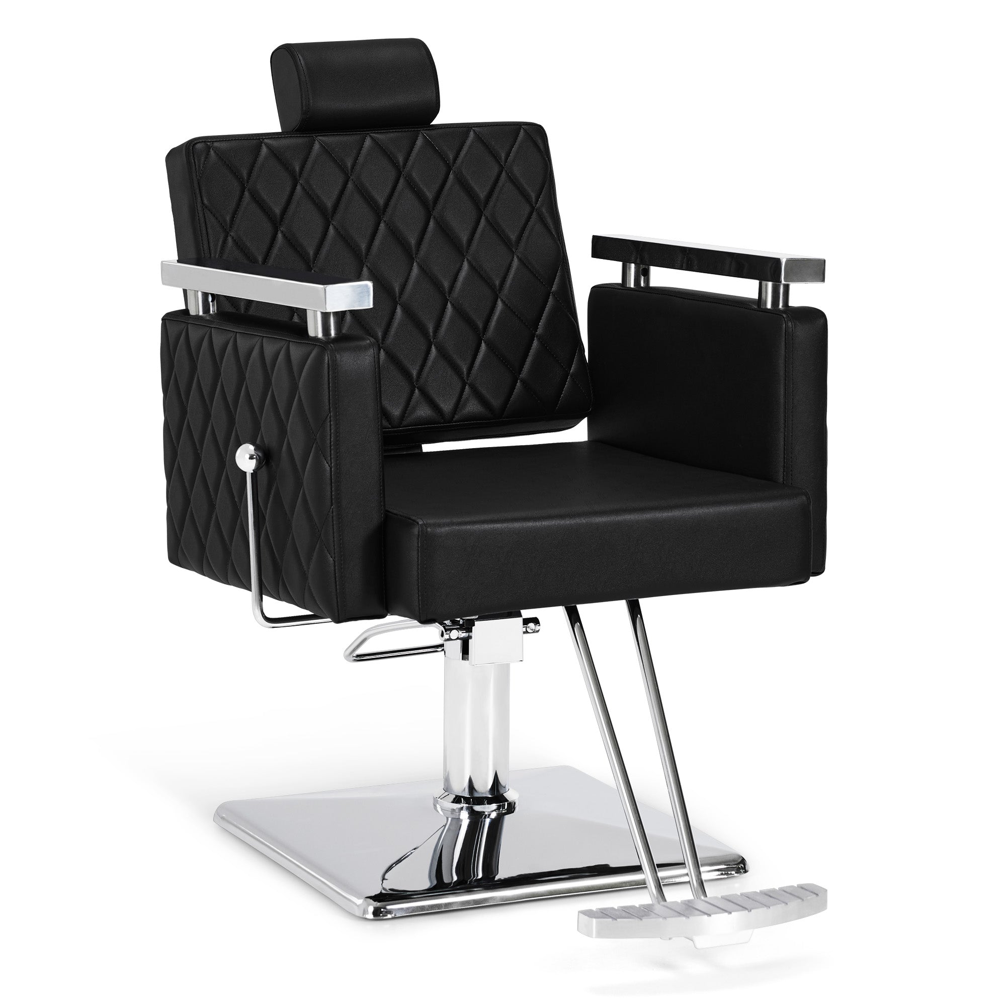 Fauteuil de barbier BarberPub avec appui-tête inclinable, avec pompe hydraulique, pivotant à 360°, hauteur réglable, cuir synthétique PVC, 2073 (Noir)