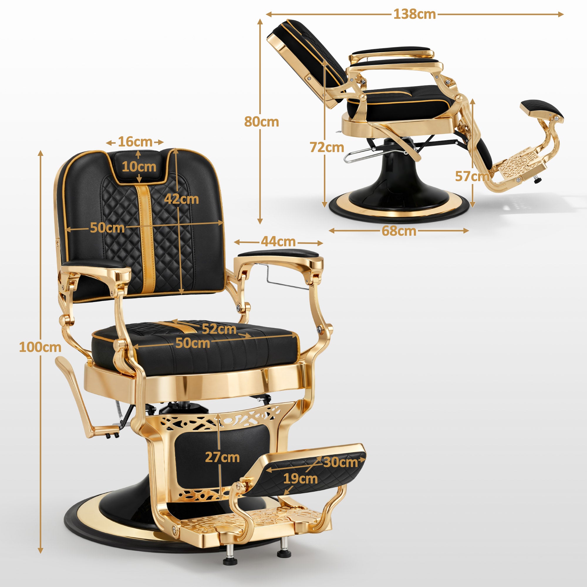 Barberpub Friseurstuhl mit Kopfstütze Kippbar, Friseureinrichtung mit Hydraulikpumpe 360° Drehbar, Höhenverstellbarer Bedienungsstuhl mit Vintage Stil, Barber Stuhl Kunstleder, 2965 (Gold-Schwarz)