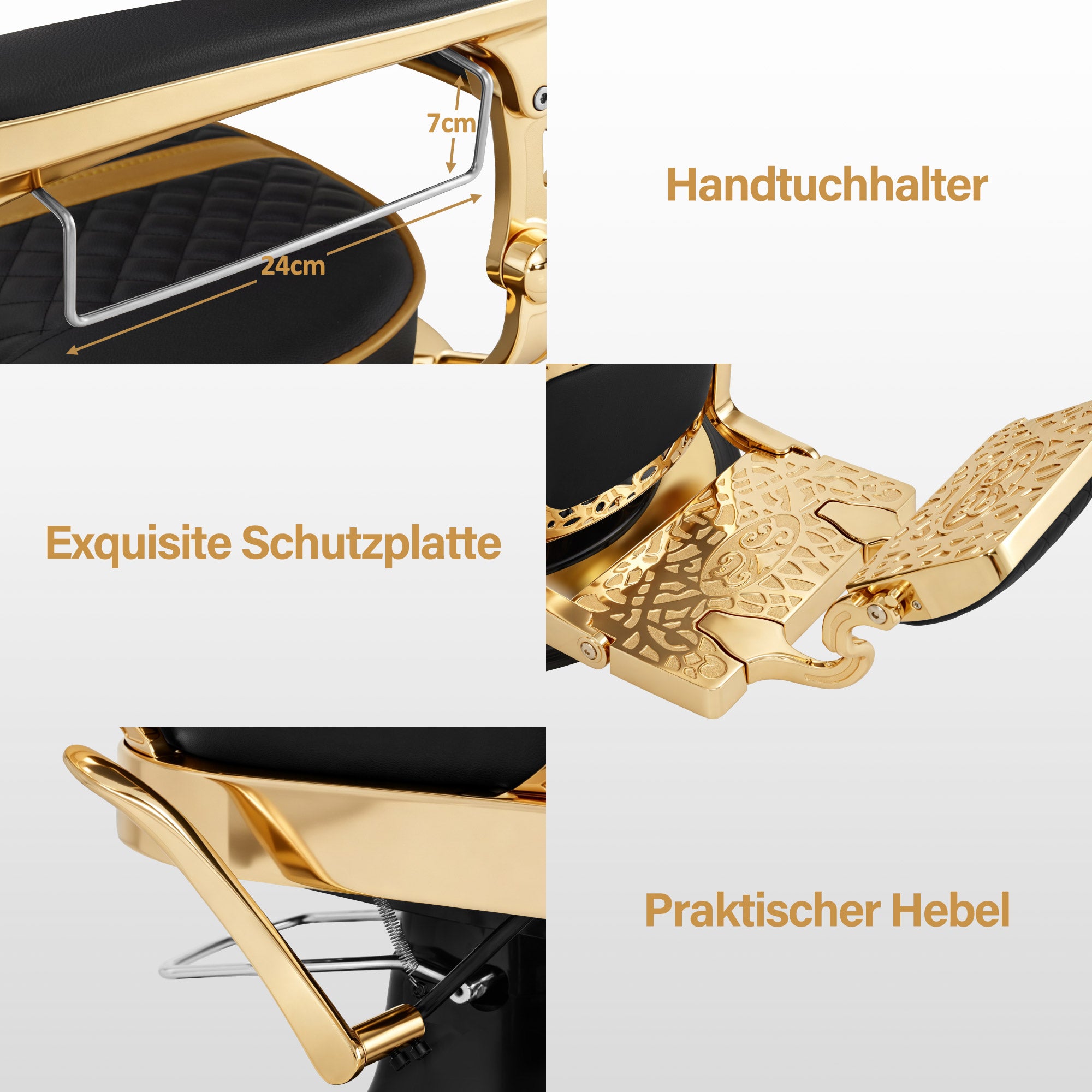 Barberpub Friseurstuhl mit Kopfstütze Kippbar, Friseureinrichtung mit Hydraulikpumpe 360° Drehbar, Höhenverstellbarer Bedienungsstuhl mit Vintage Stil, Barber Stuhl Kunstleder, 2965 (Gold-Schwarz)