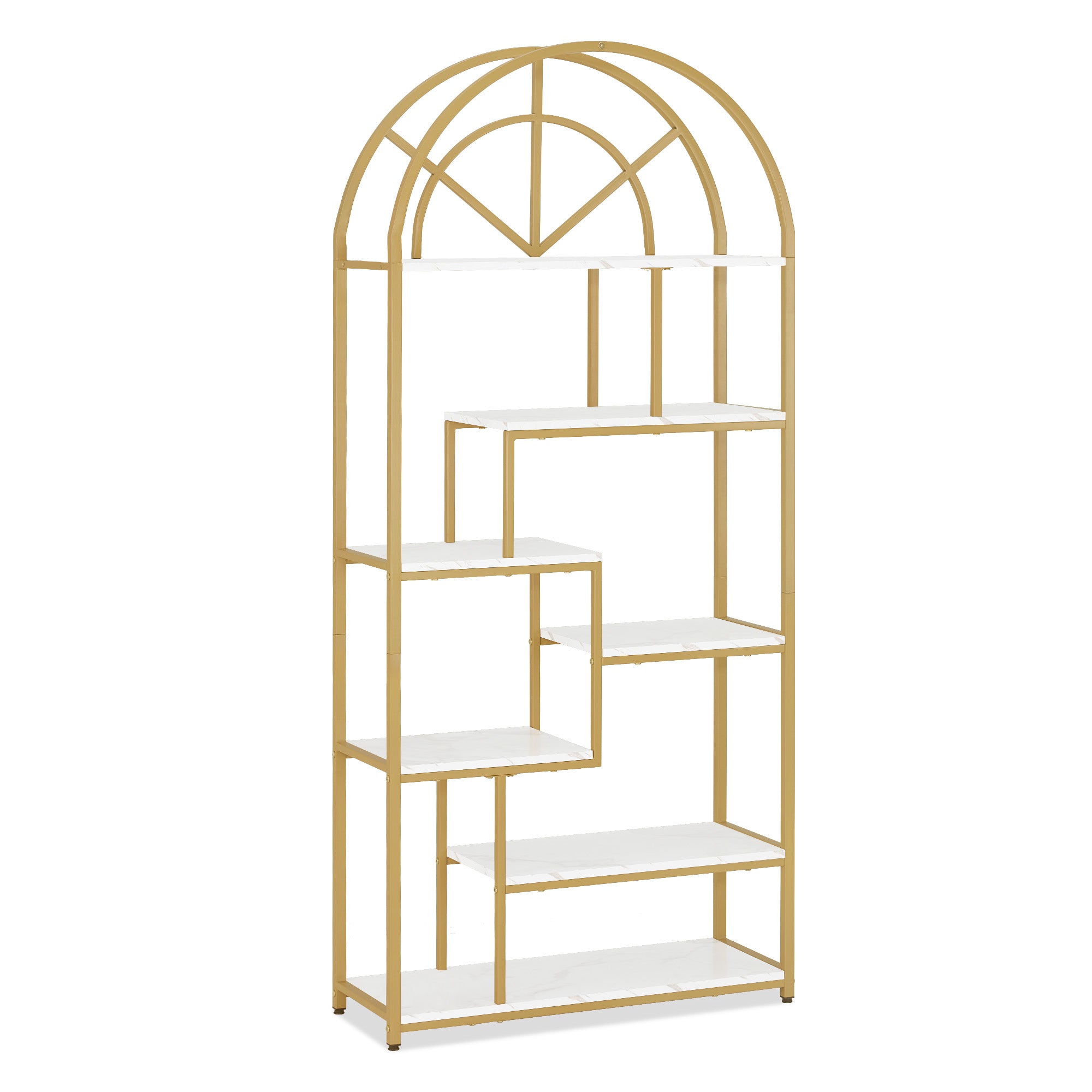 Bibliothèque BarberPub, étagère sur pied à 7 niveaux, étagère de bureau avec cadre en métal, étagère pour bureau, salon, chambre, cuisine, salon de manucure, marbre blanc doré, 30 x 80 x 180 cm, 5183