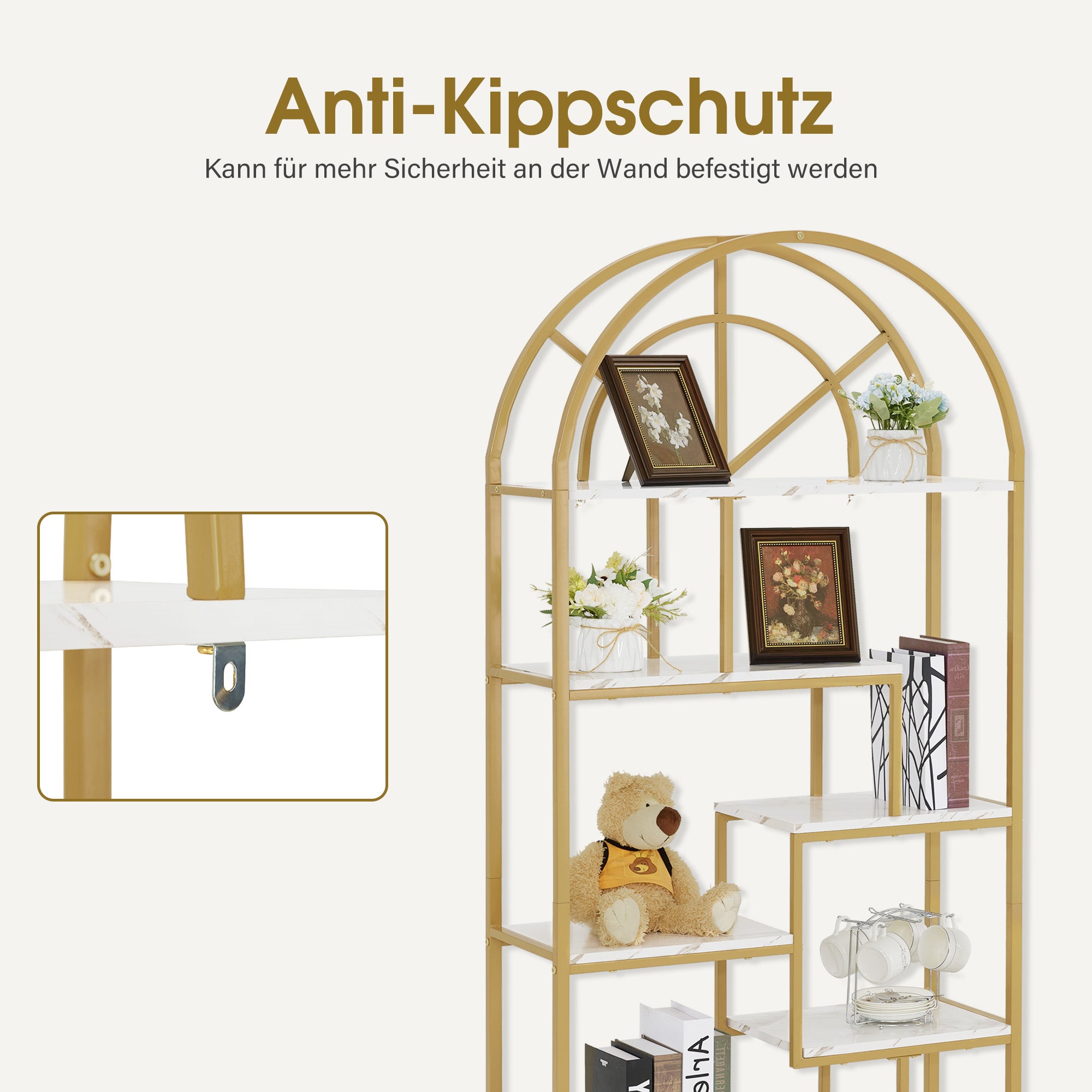 Bibliothèque BarberPub, étagère sur pied à 7 niveaux, étagère de bureau avec cadre en métal, étagère pour bureau, salon, chambre, cuisine, salon de manucure, marbre blanc doré, 30 x 80 x 180 cm, 5183