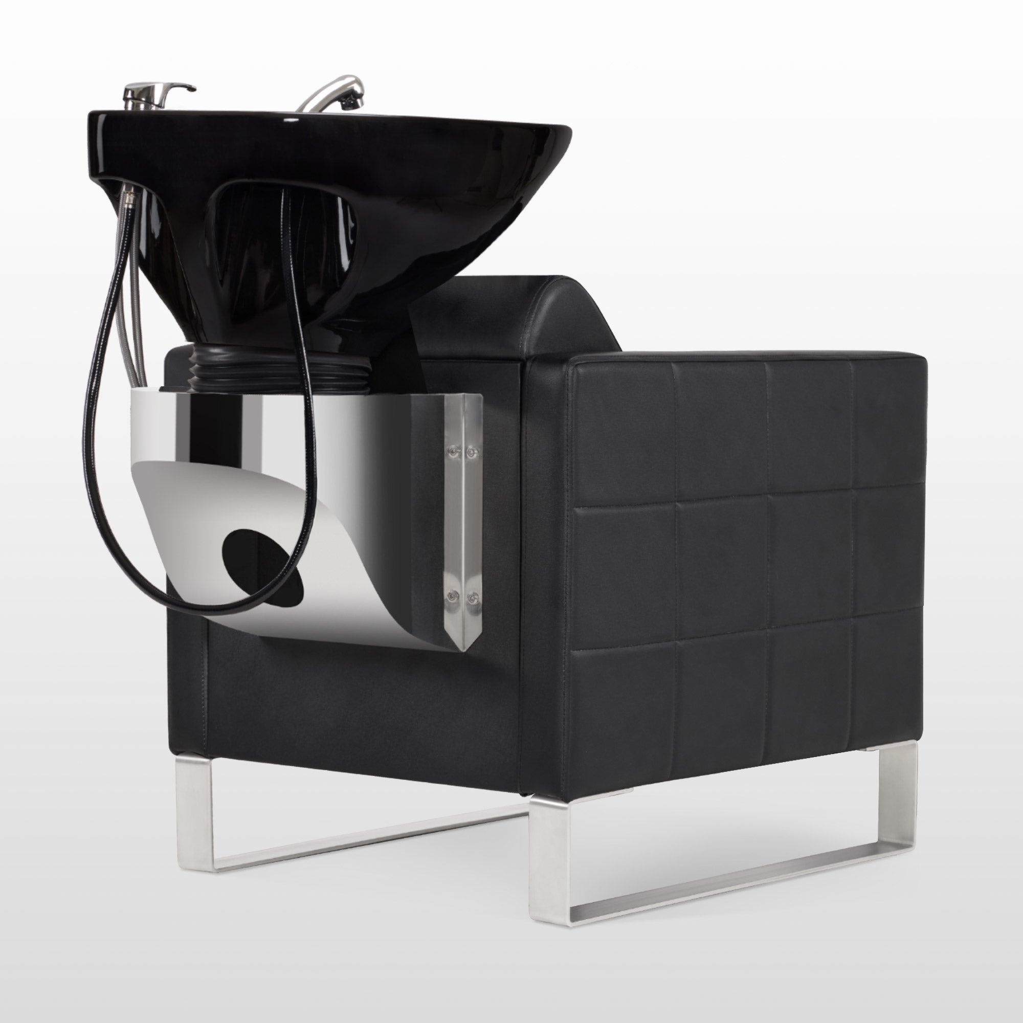Fauteuil de barbier BarberPub avec lavabo et base en acier inoxydable, lavabo en céramique réglable, fauteuil de lavage pour salon de coiffure SPA 8611