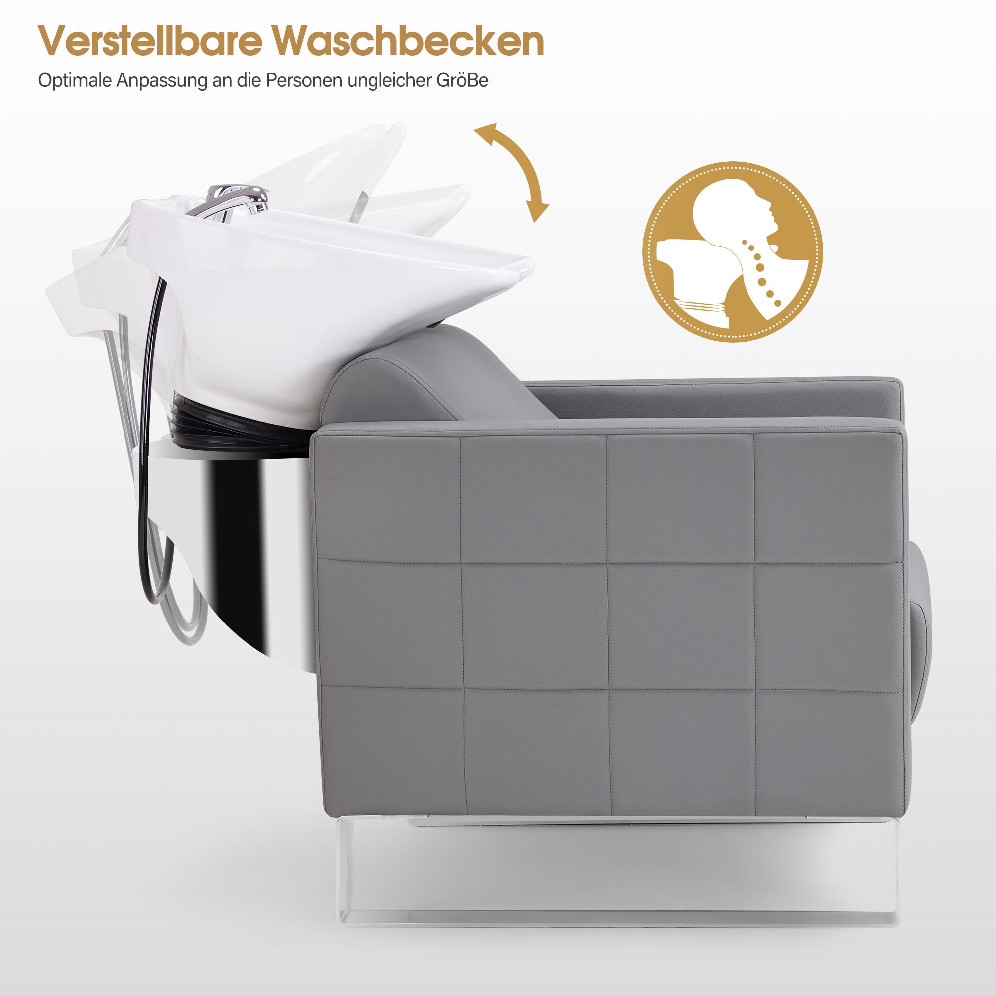 Fauteuil de barbier BarberPub avec lavabo et base en acier inoxydable, lavabo en céramique réglable, fauteuil de lavage pour salon de coiffure SPA 8611