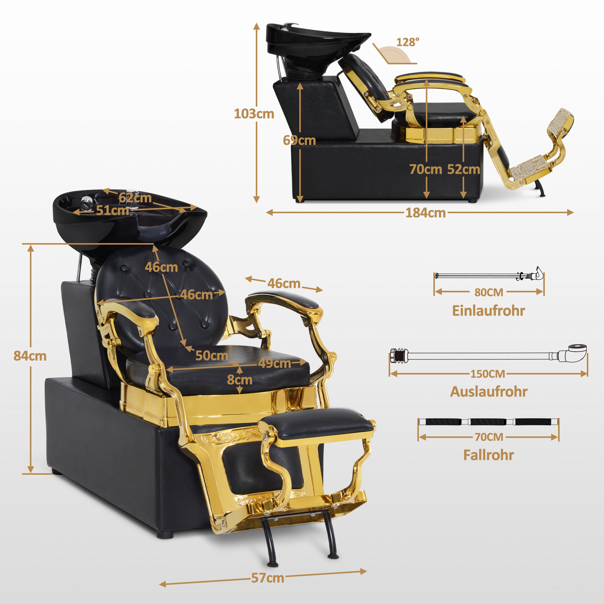 BarberPub Friseurstuhl mit Waschbecken, Drehbare Fustütze, Friseurwaschbecken aus Keramik Verstellbar Friseurwaschsessel für SPA Salon, Friseur Waschplatz Retro 8653 (Gold-Schwarz/Kunstleder)