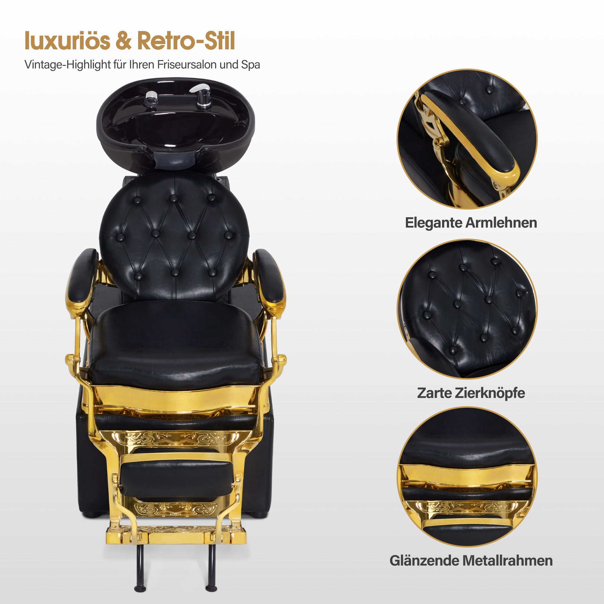BarberPub Friseurstuhl mit Waschbecken, Drehbare Fustütze, Friseurwaschbecken aus Keramik Verstellbar Friseurwaschsessel für SPA Salon, Friseur Waschplatz Retro 8653 (Gold-Schwarz/Kunstleder)