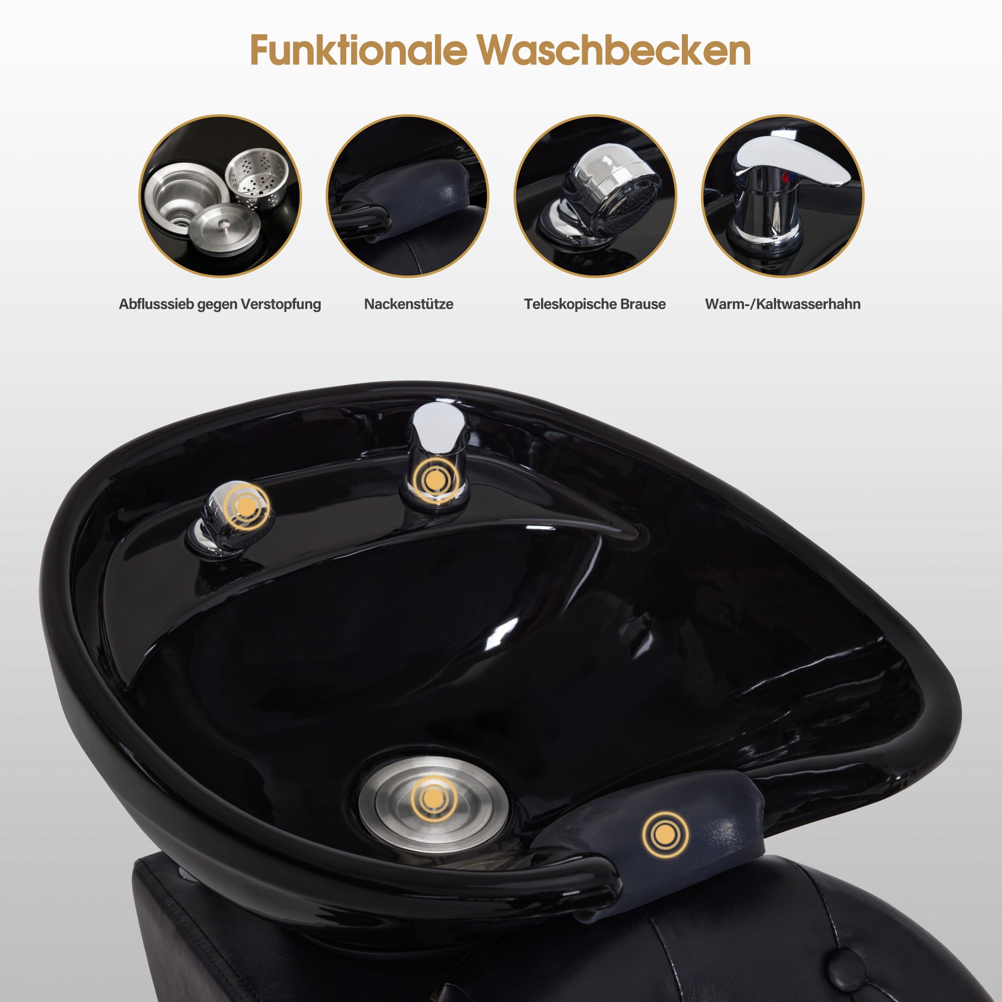 BarberPub Barber Chair with Sink, Rotating Footrest, Ceramic Hairdressing Sink, Adjustable Hairdressing Wash Chair for SPA Salon, Hairdresser Wash Station Retro 8653 (Gold-Black/Faux Leather)