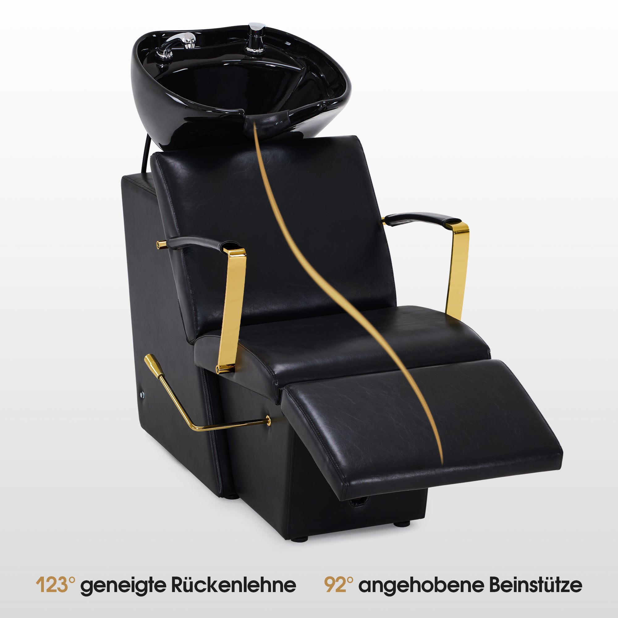 Fauteuil de barbier BarberPub avec lavabo, repose-jambes pliable, lavabo réglable en céramique, fauteuil de lavage pour salon de coiffure, station de lavage pour salon de spa 8670 (noir-doré/similicuir)