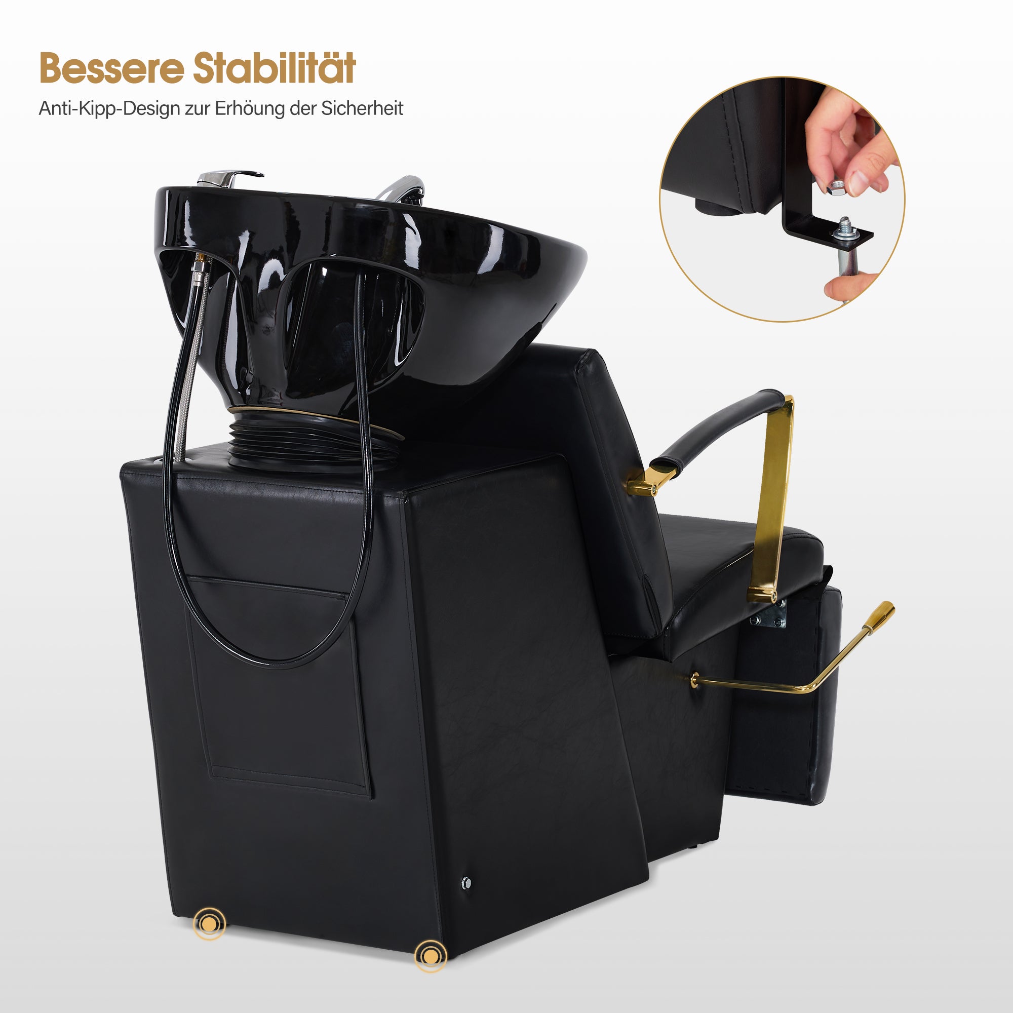 Fauteuil de barbier BarberPub avec lavabo, repose-jambes pliable, lavabo réglable en céramique, fauteuil de lavage pour salon de coiffure, station de lavage pour salon de spa 8670 (noir-doré/similicuir)