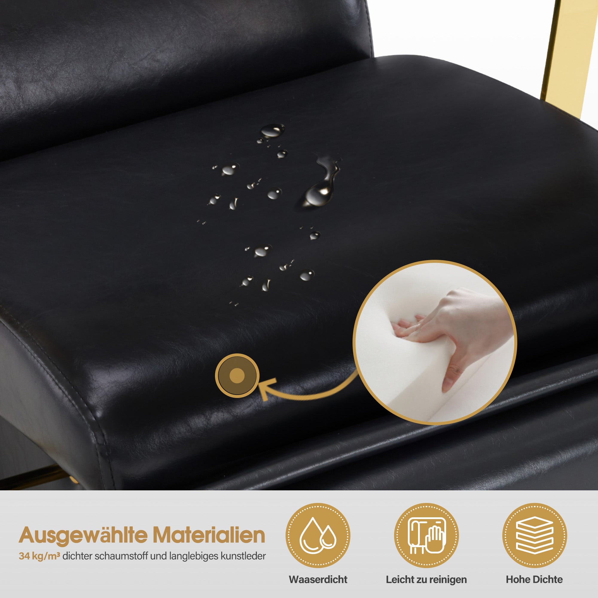 Fauteuil de barbier BarberPub avec lavabo, repose-jambes pliable, lavabo réglable en céramique, fauteuil de lavage pour salon de coiffure, station de lavage pour salon de spa 8670 (noir-doré/similicuir)
