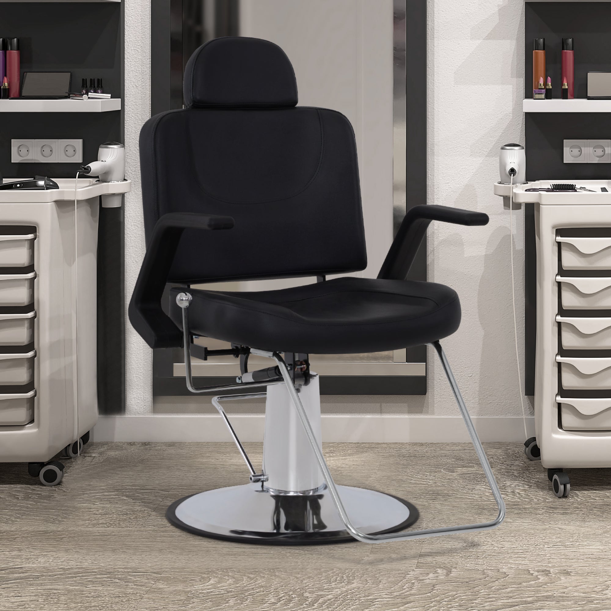 Fauteuil de barbier BarberPub avec appui-tête, avec pompe hydraulique, pivotant à 360°, réglable en hauteur, cuir synthétique PVC, 8817 (noir)