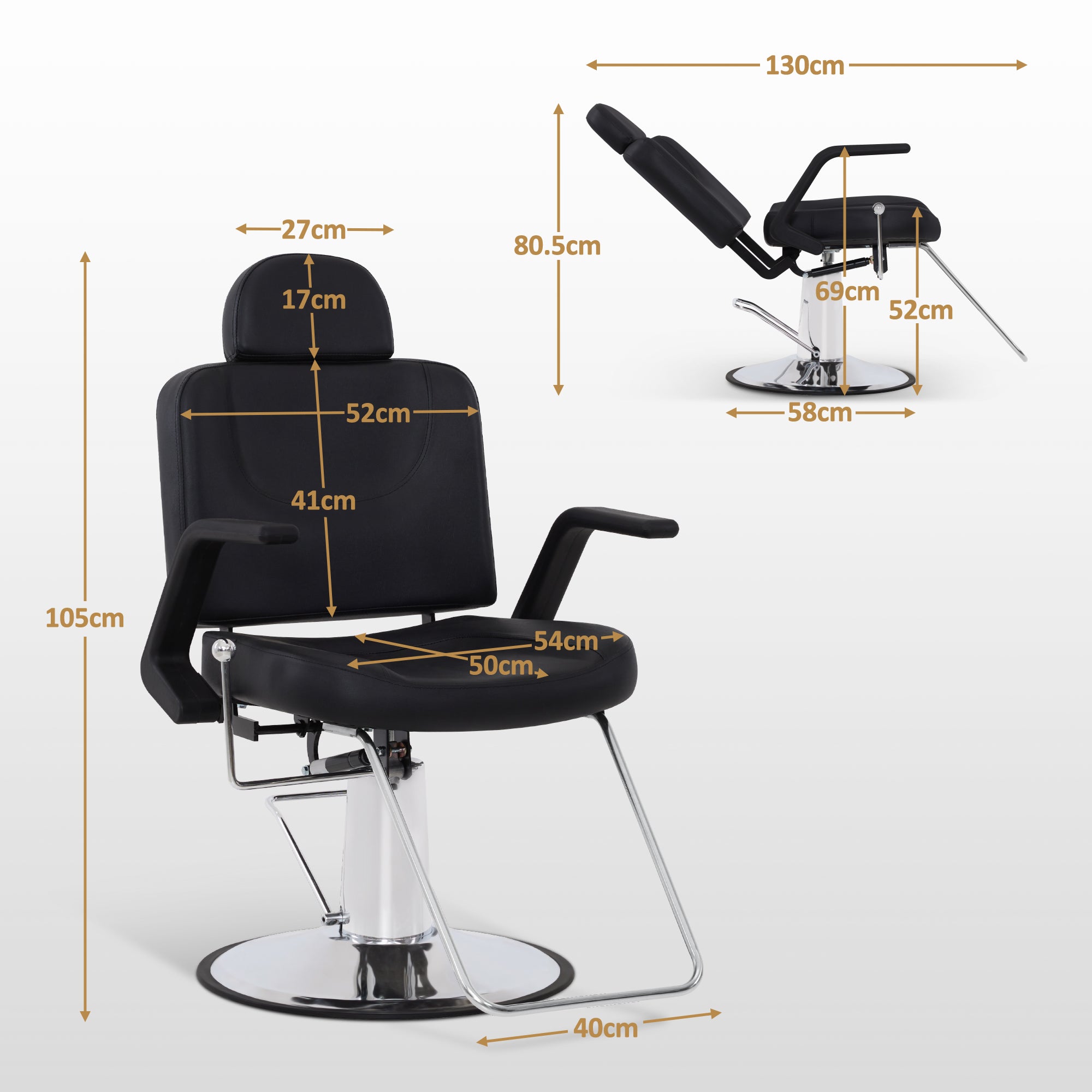 Fauteuil de barbier BarberPub avec appui-tête, avec pompe hydraulique, pivotant à 360°, réglable en hauteur, cuir synthétique PVC, 8817 (noir)