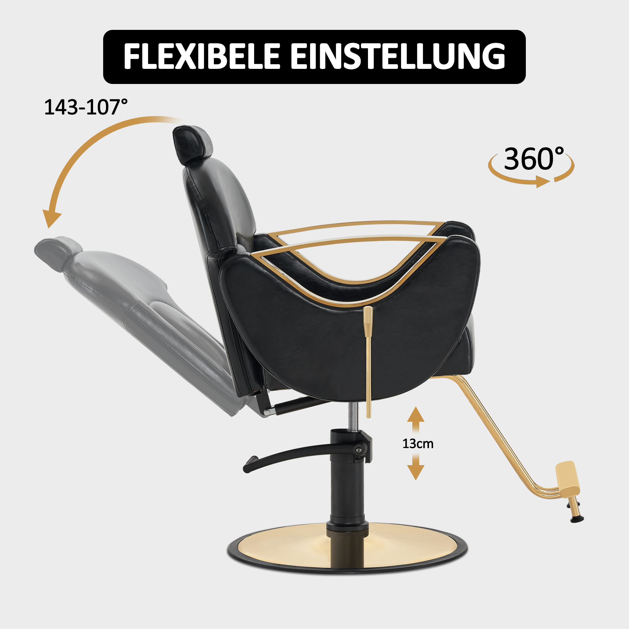 Fauteuil de coiffure Barberpub avec appui-tête, réglable en hauteur et pivotant à 360°, équipement de coiffure inclinable, fauteuil opératoire hydraulique en similicuir, 9578 (doré-noir)