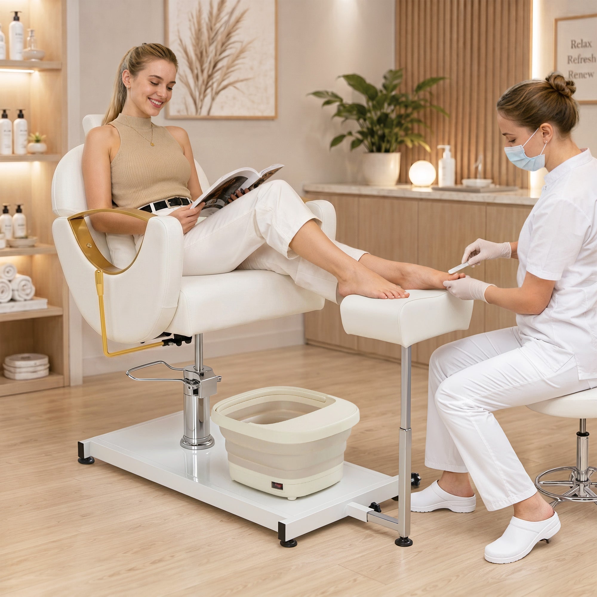 BarberPub Pediküre Stuhl mit Fußbadewanne & Pediküre Hocker, Friseurstuhl mit Goldlackierten Armlehnen, Höhenverstellbar & Kippbar, Fußpflegestuhl für Nagelstudio F0325 (Gold-Weiß)