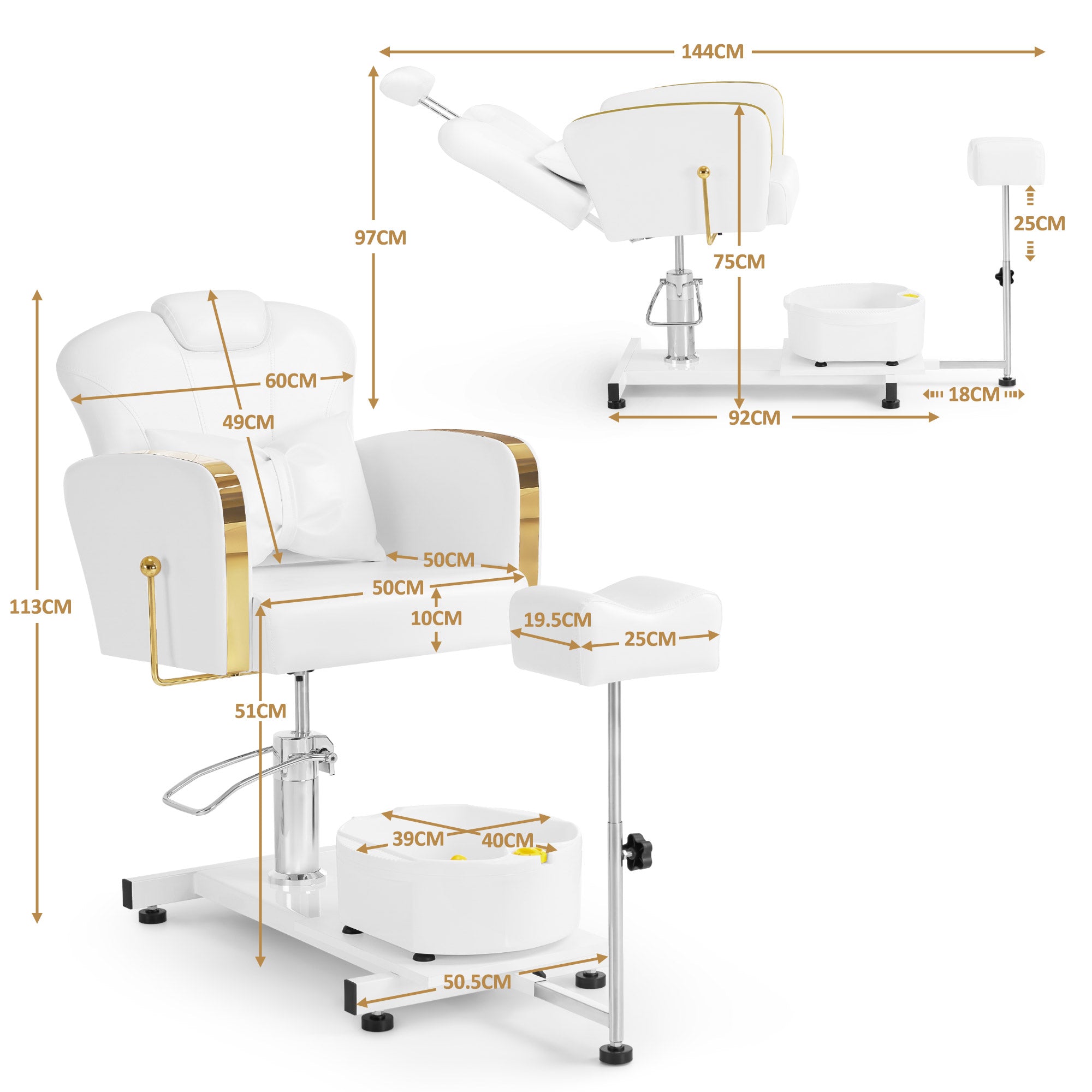 BarberPub Pedicure Chair with Foot Bath & Pedicure with Foot Bath, Hairdressing Chair Height Adjustable & Tiltable, Foot Care Chair for Nail Salon Retro F0371 (Gold-White)