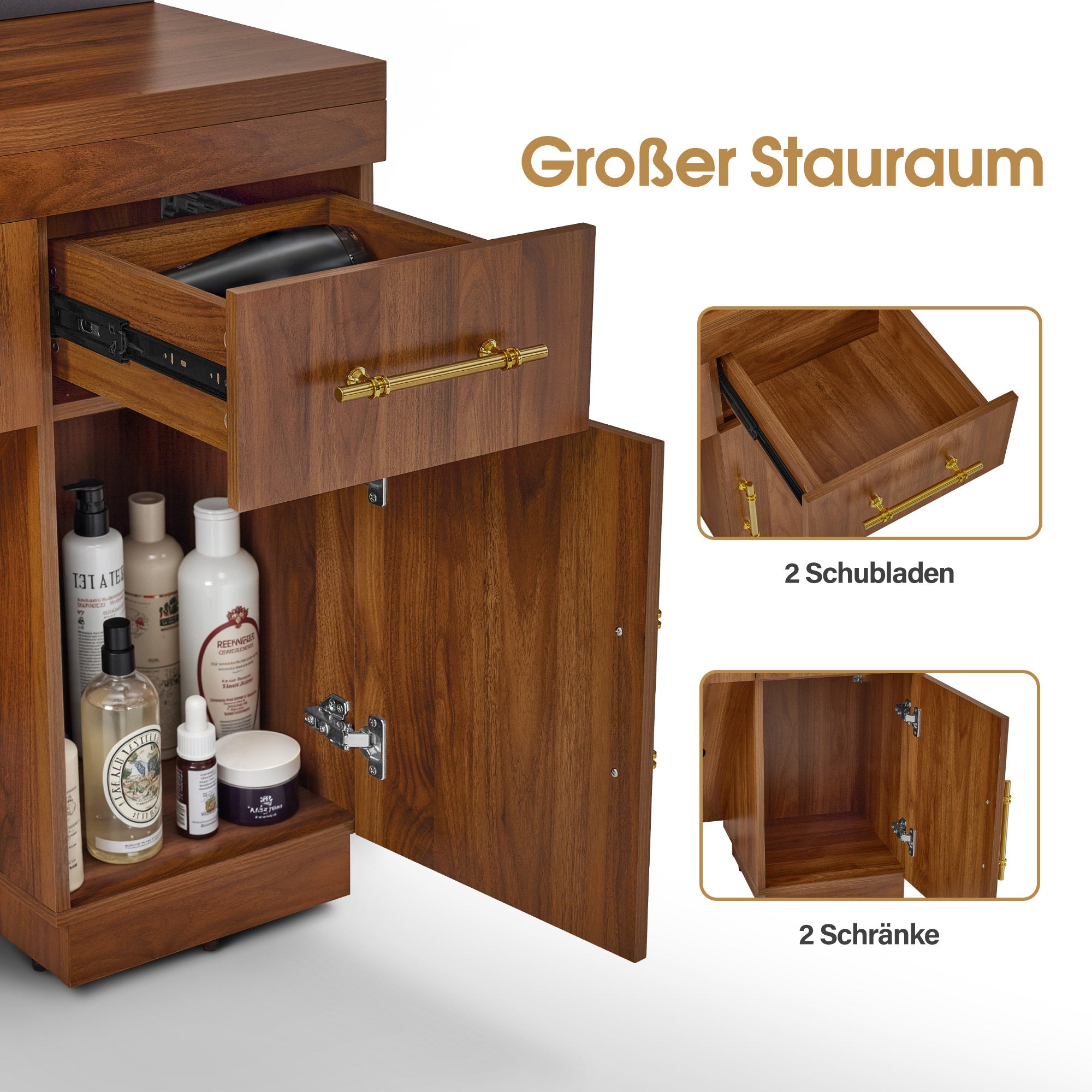 BarberPub hairdressing station with 2 drawers, dressing table with mirror, service station with 4 shelves & 2 cabinets, wooden mirror cabinet, modern mirror table, hairdressing equipment, 3167 (brown)