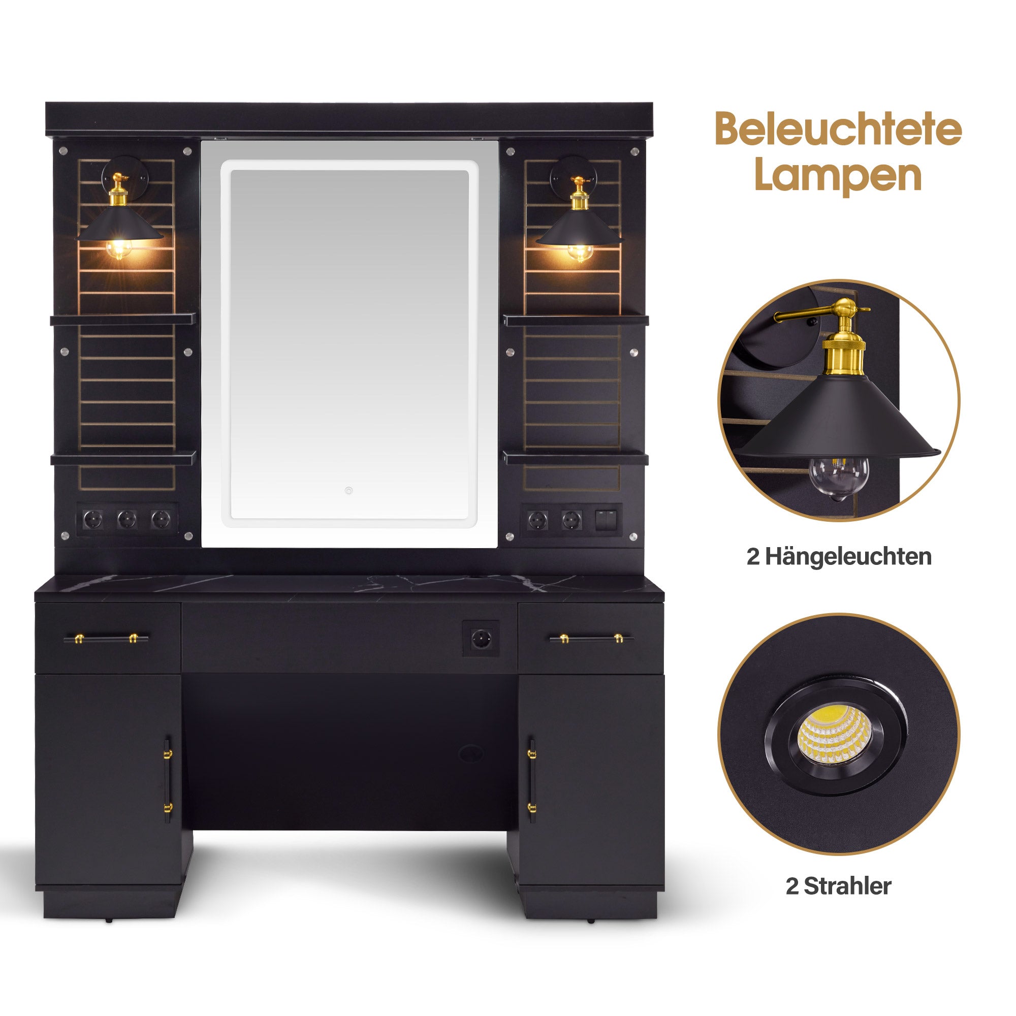 Poste de coiffure BarberPub avec 2 tiroirs, coiffeuse avec miroir, poste de travail avec 4 étagères et 2 armoires, armoire à miroir en bois, table miroir avec éclairage, équipement de salon de coiffure, 3169 (Noir)