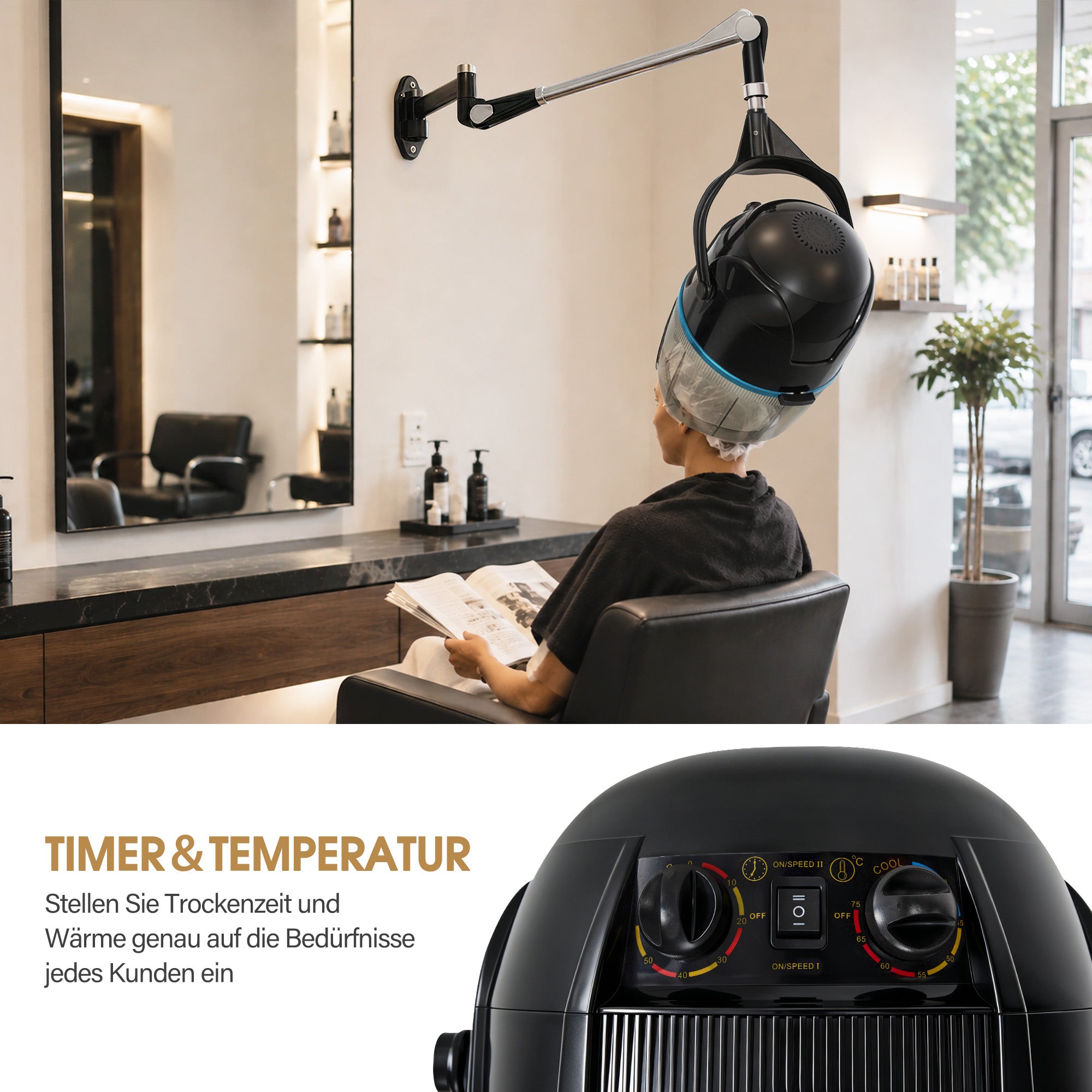 BarberPub Wandmontage Trockenhaube für Haare, 1100W Trockenhaube Schwebehaube, Horizontal ausziehbar 148,5 cm, Föhnhaube mit 0-75°C & 60 Min Timer Verstellbar, Friseurhaube für Salon TR272 (Schwarz)