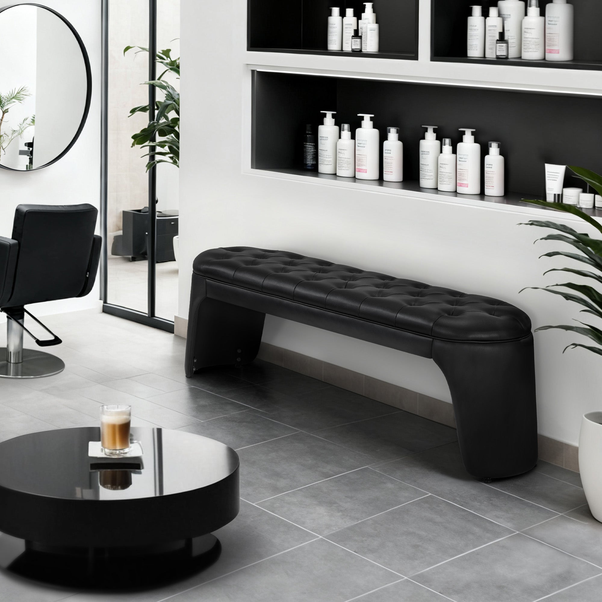 BarberPub Banquette 3 places pour salon de coiffure, largeur d'assise 150 cm, banc d'attente moderne pour coiffeur, banc rembourré pour chambre, banc de lit pour salon, banc de couloir pour équipement de coiffure W510 (noir/similicuir)