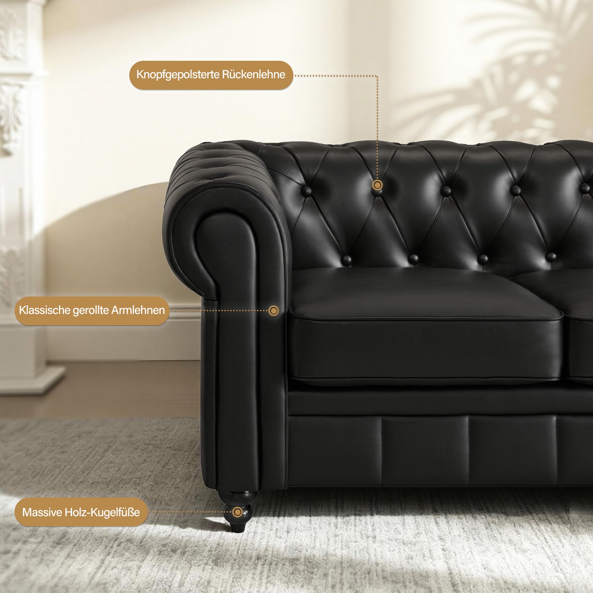 BarberPub Canapé Chesterfield 3 Places 208 cm, Banquette d'attente Vintage pour Salon de Coiffure, Banc avec Dossier et Accoudoirs Canapé 3 Places, Mobilier de Salon de Coiffure Classique W536
