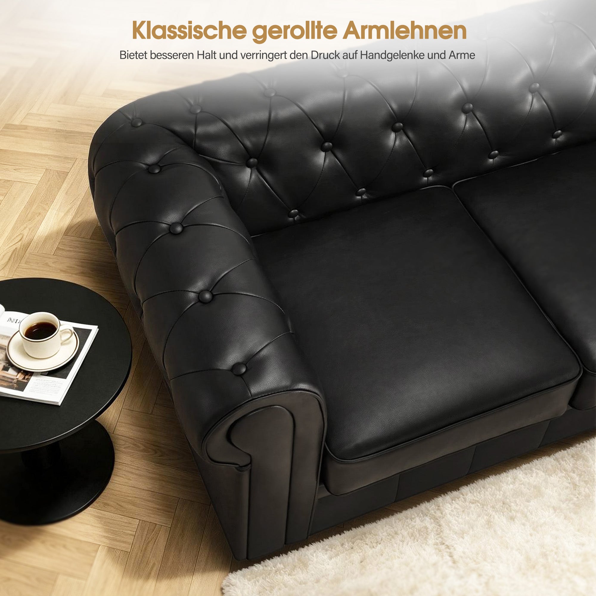 BarberPub Canapé Chesterfield 3 Places 208 cm, Banquette d'attente Vintage pour Salon de Coiffure, Banc avec Dossier et Accoudoirs Canapé 3 Places, Mobilier de Salon de Coiffure Classique W536