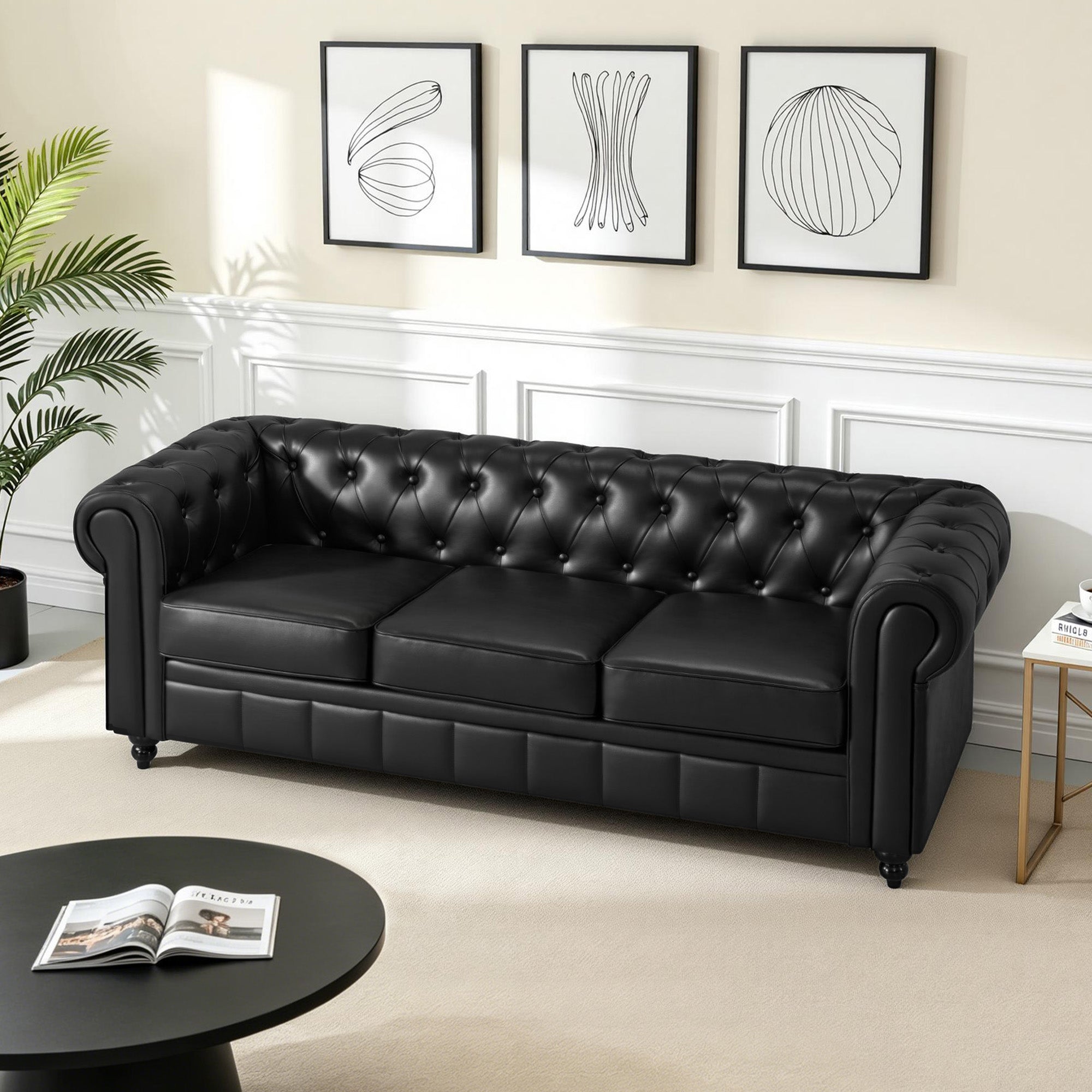 BarberPub Canapé Chesterfield 3 Places 208 cm, Banquette d'attente Vintage pour Salon de Coiffure, Banc avec Dossier et Accoudoirs Canapé 3 Places, Mobilier de Salon de Coiffure Classique W536