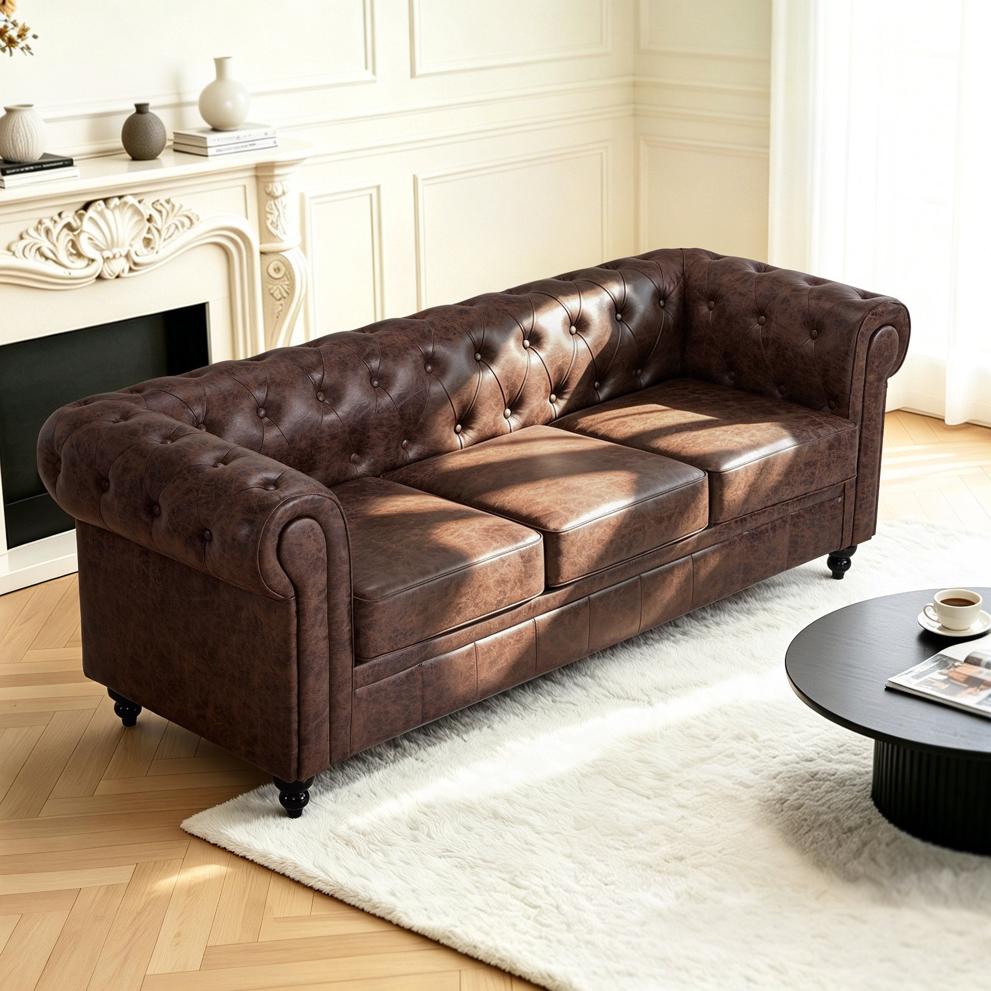 BarberPub Canapé Chesterfield 3 Places 208 cm, Banquette d'attente Vintage pour Salon de Coiffure, Banc avec Dossier et Accoudoirs Canapé 3 Places, Mobilier de Salon de Coiffure Classique W536