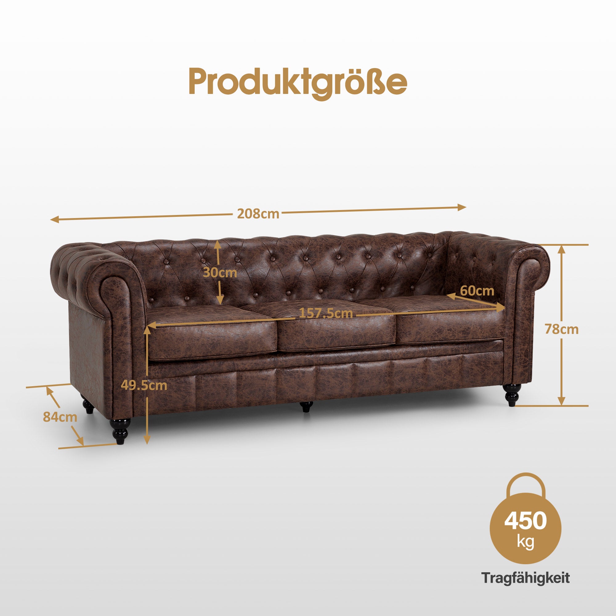 BarberPub Canapé Chesterfield 3 Places 208 cm, Banquette d'attente Vintage pour Salon de Coiffure, Banc avec Dossier et Accoudoirs Canapé 3 Places, Mobilier de Salon de Coiffure Classique W536
