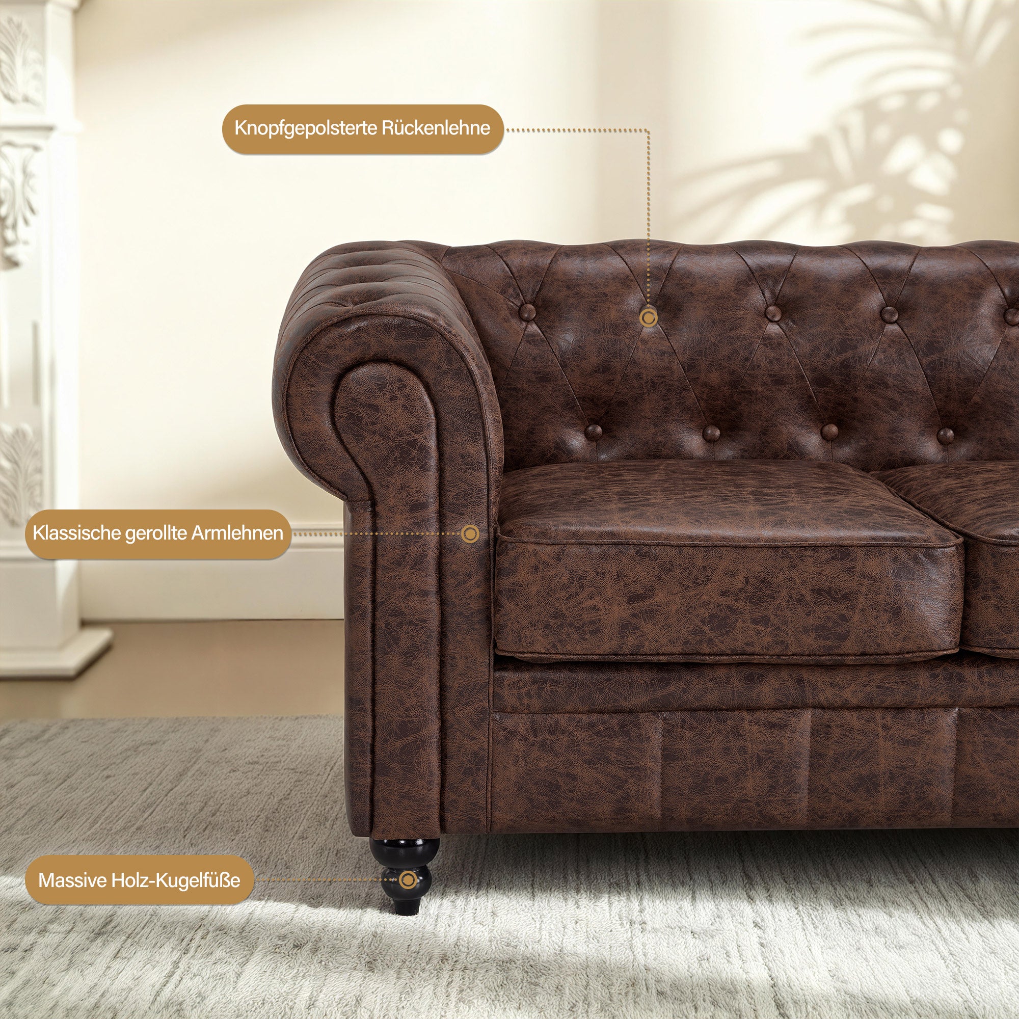 BarberPub Canapé Chesterfield 3 Places 208 cm, Banquette d'attente Vintage pour Salon de Coiffure, Banc avec Dossier et Accoudoirs Canapé 3 Places, Mobilier de Salon de Coiffure Classique W536