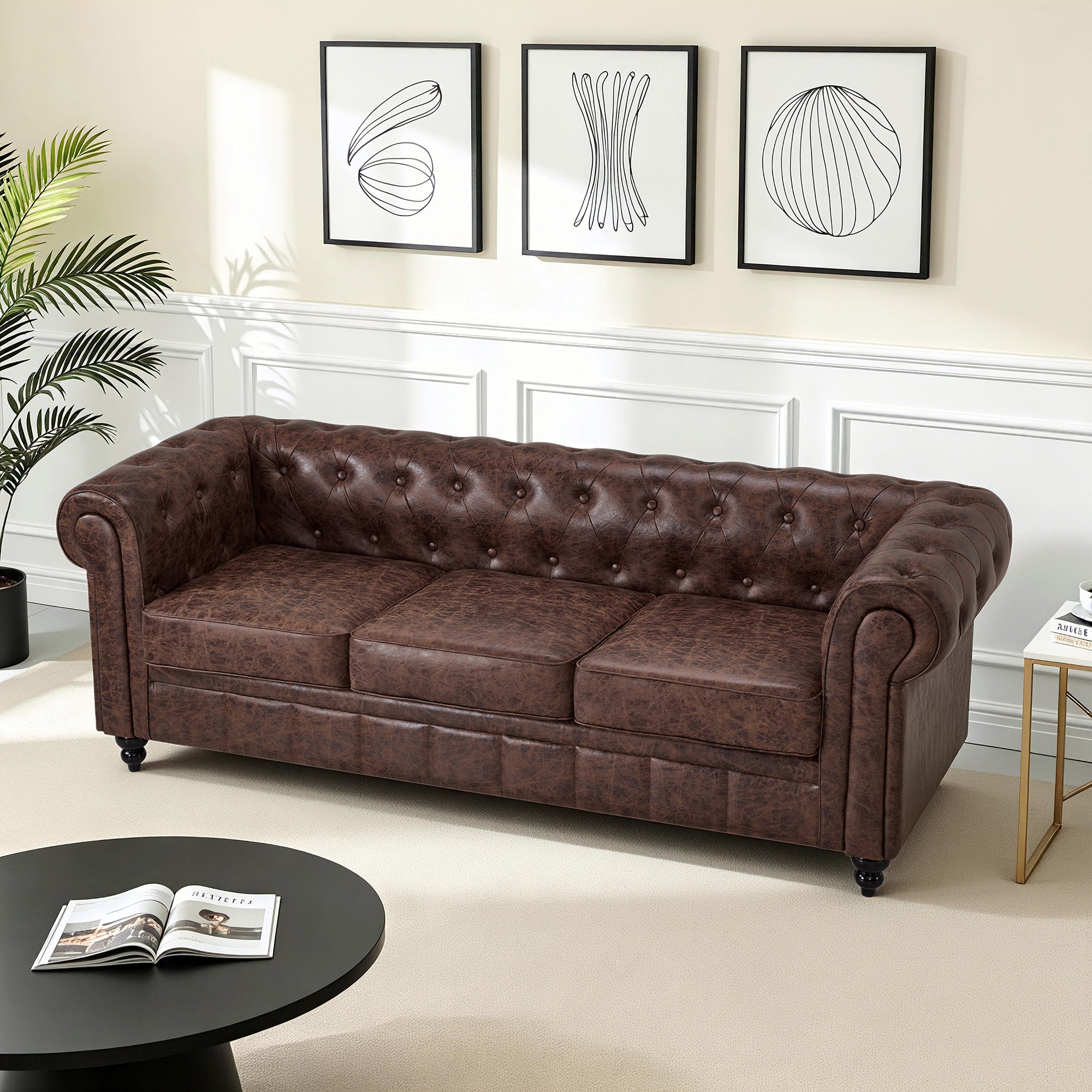 BarberPub Canapé Chesterfield 3 Places 208 cm, Banquette d'attente Vintage pour Salon de Coiffure, Banc avec Dossier et Accoudoirs Canapé 3 Places, Mobilier de Salon de Coiffure Classique W536