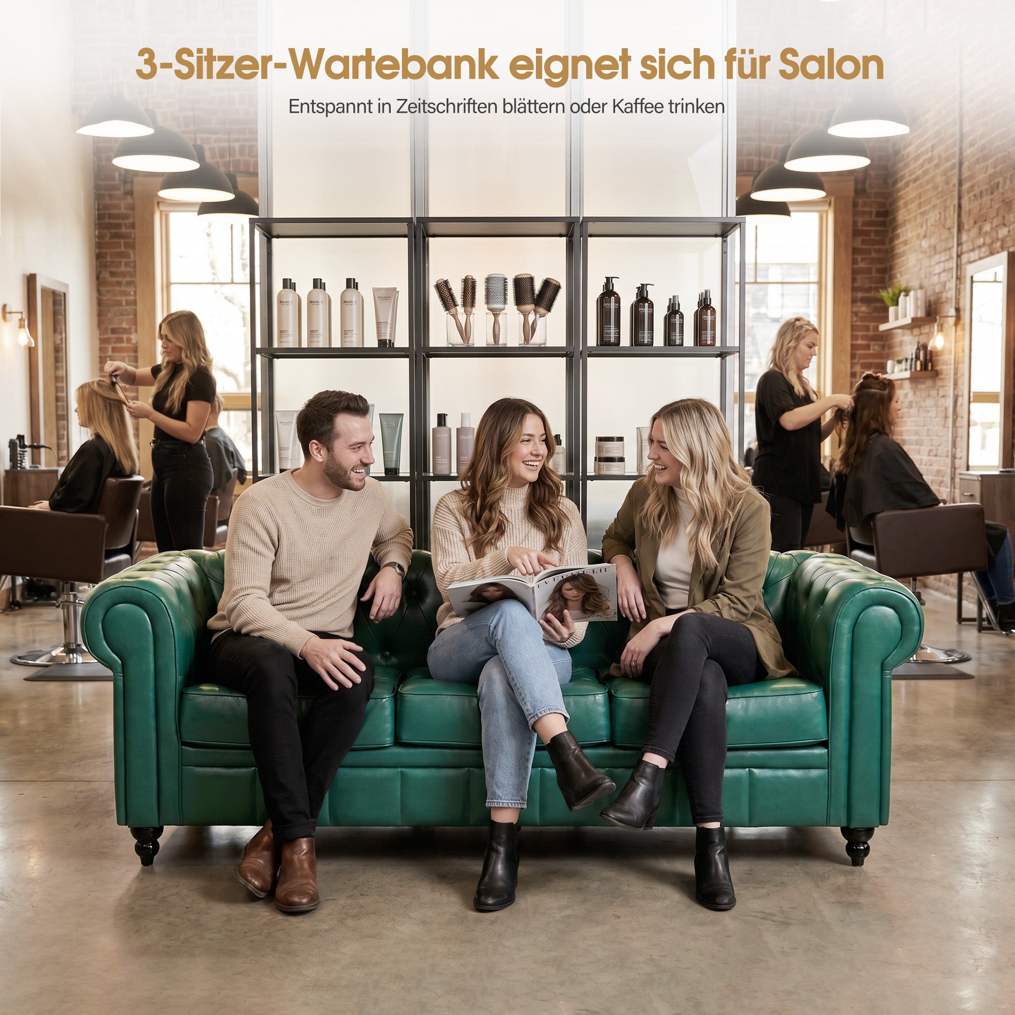 BarberPub Canapé Chesterfield 3 Places 208 cm, Banquette d'attente Vintage pour Salon de Coiffure, Banc avec Dossier et Accoudoirs Canapé 3 Places, Mobilier de Salon de Coiffure Classique W536