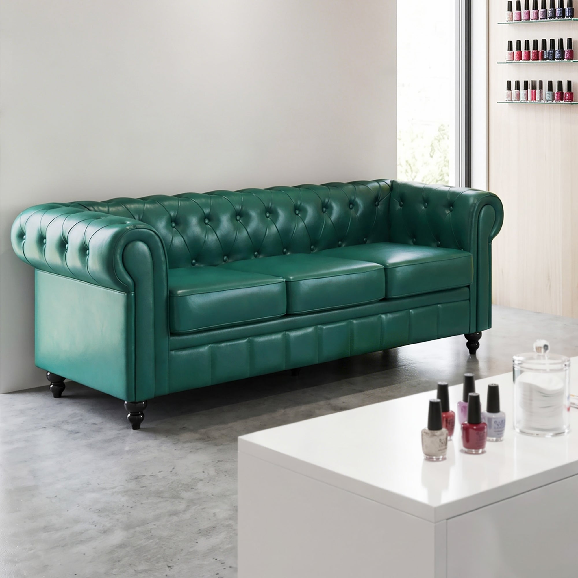 BarberPub Canapé Chesterfield 3 Places 208 cm, Banquette d'attente Vintage pour Salon de Coiffure, Banc avec Dossier et Accoudoirs Canapé 3 Places, Mobilier de Salon de Coiffure Classique W536